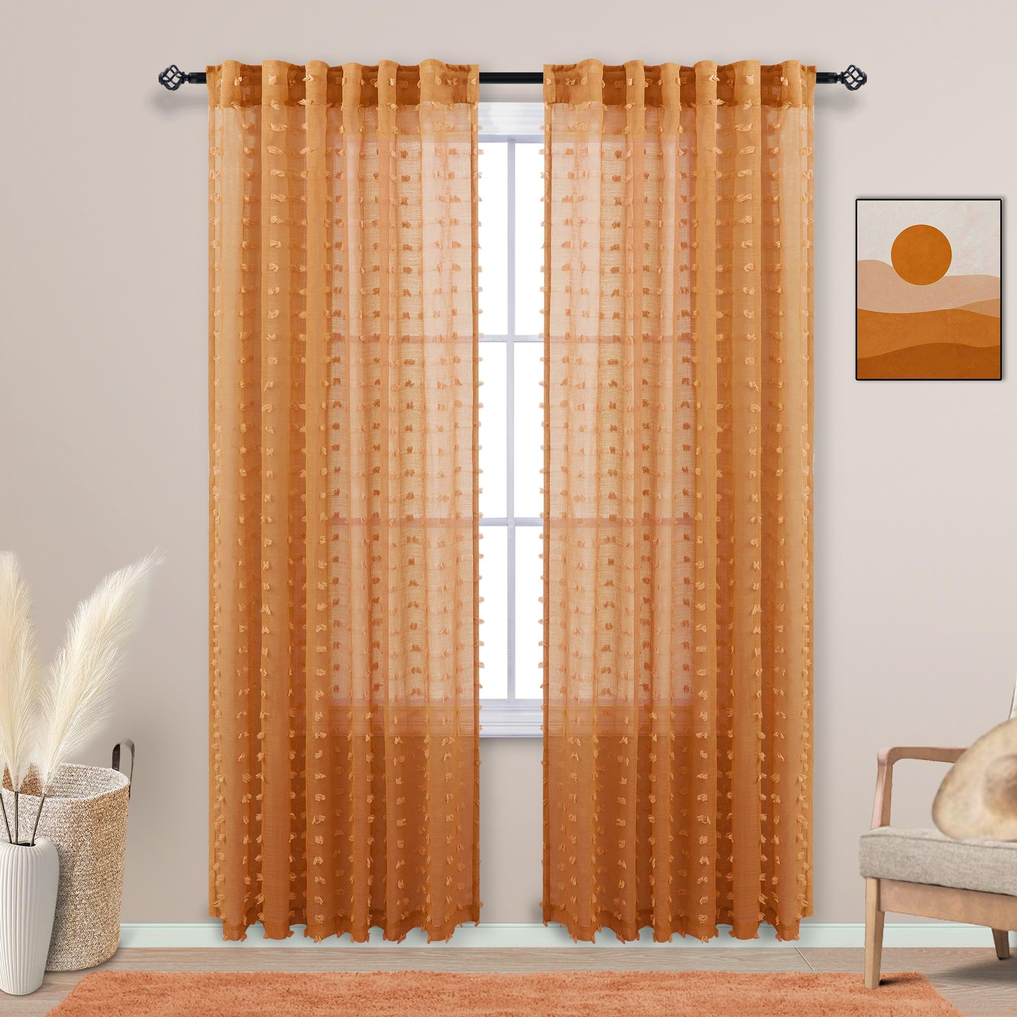 Koufall Burnt Orange Curtains 84 Inch Length For Living Room,Bohemian Autumn Boho Fall Decor Back Tab Pom Pom Textured Sheer Curtains For Dining Room Bedroom 52X84 Inches Long Set 2 Panels