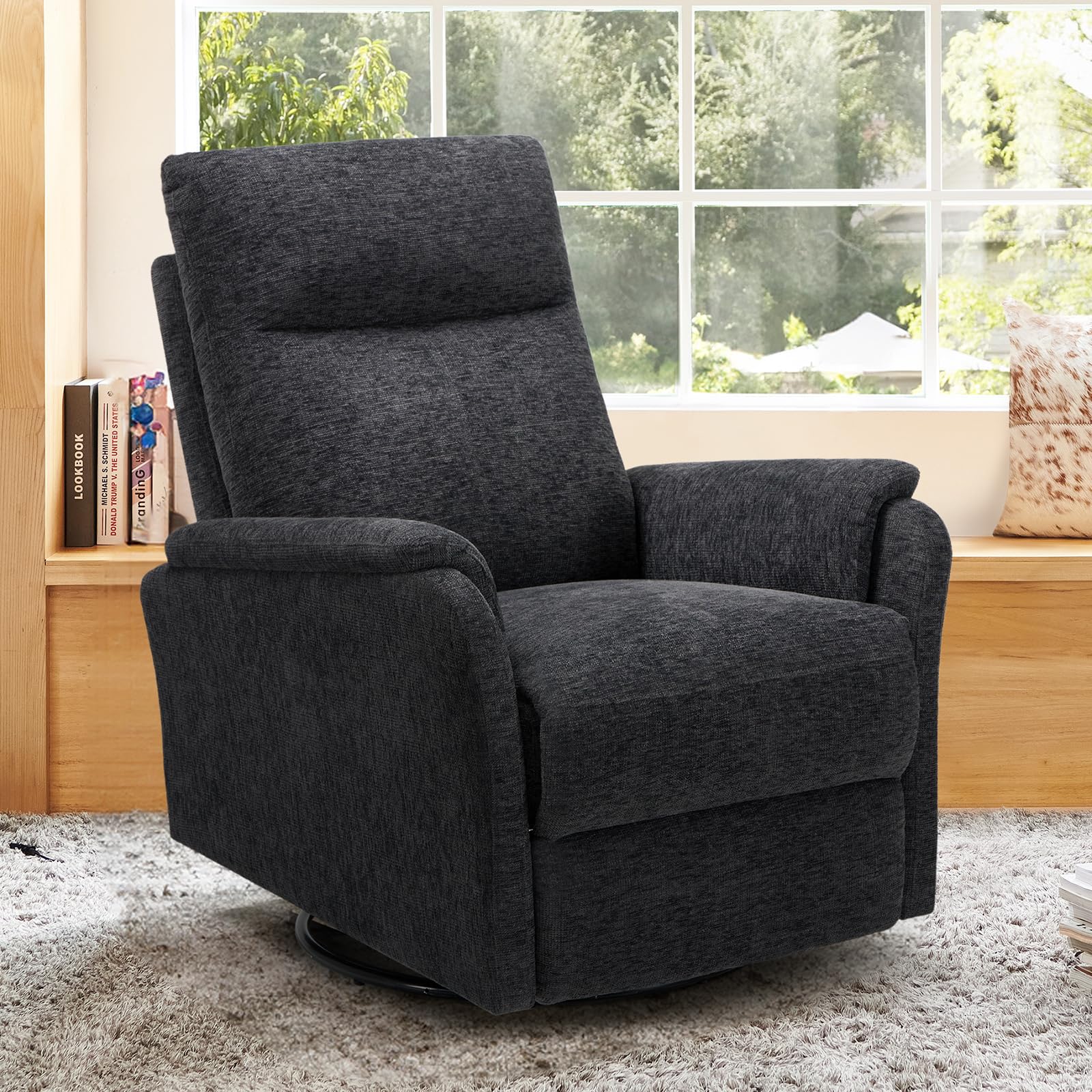 Swivel Rocking Recliner Glider Chair, Upholstered Fabric Reclining Rocker Chair with Footrest for Living Room, Nursery, Bedroom,
