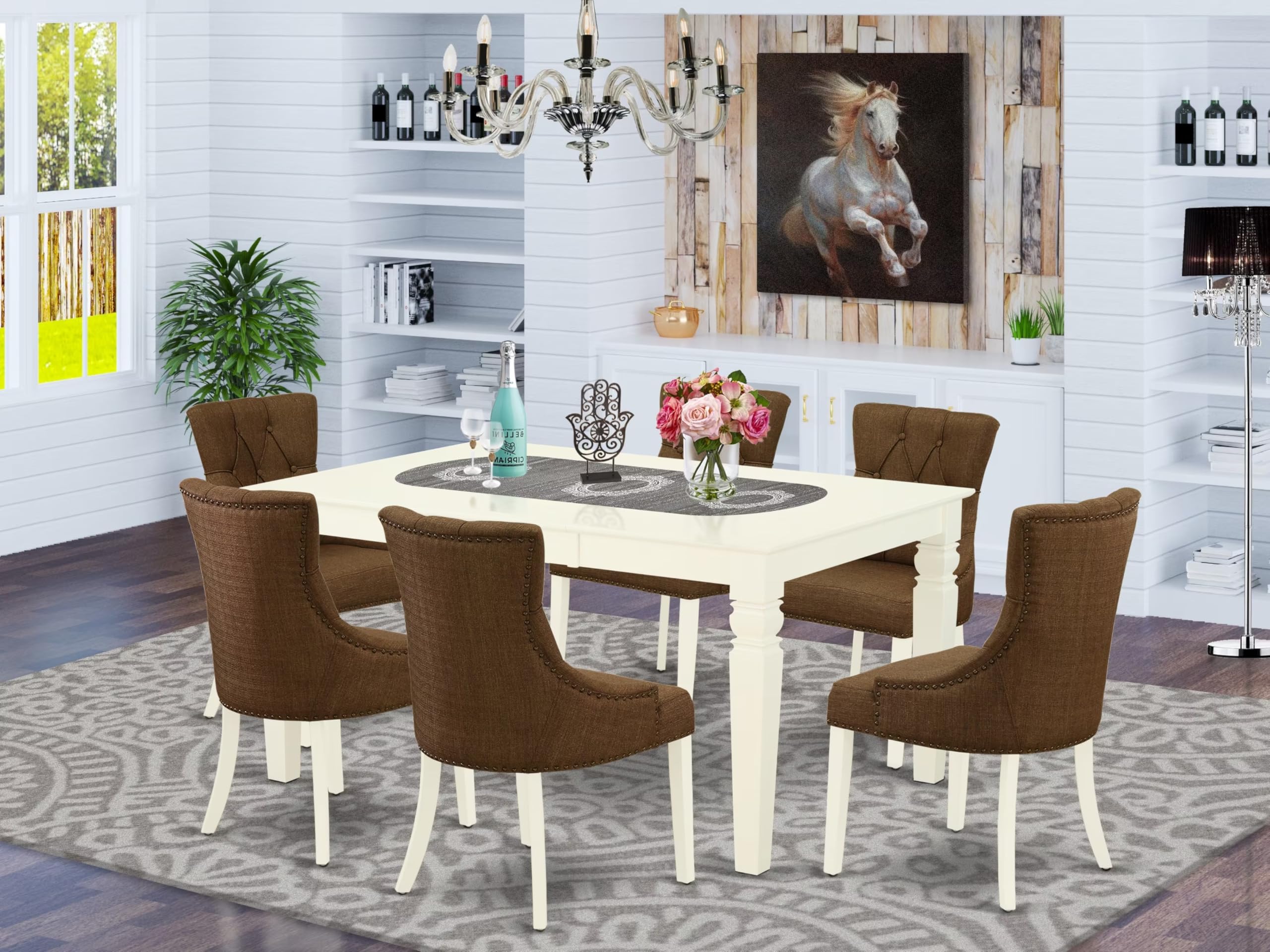East West Furniture Wefr7-Whi-18 7 Piece Dining Room Table Set Consist Of A Rectangle Kitchen Table With Butterfly Leaf And 6 Brown Linen Linen Fabric Parson Chairs, 42X60 Inch, Linen White
