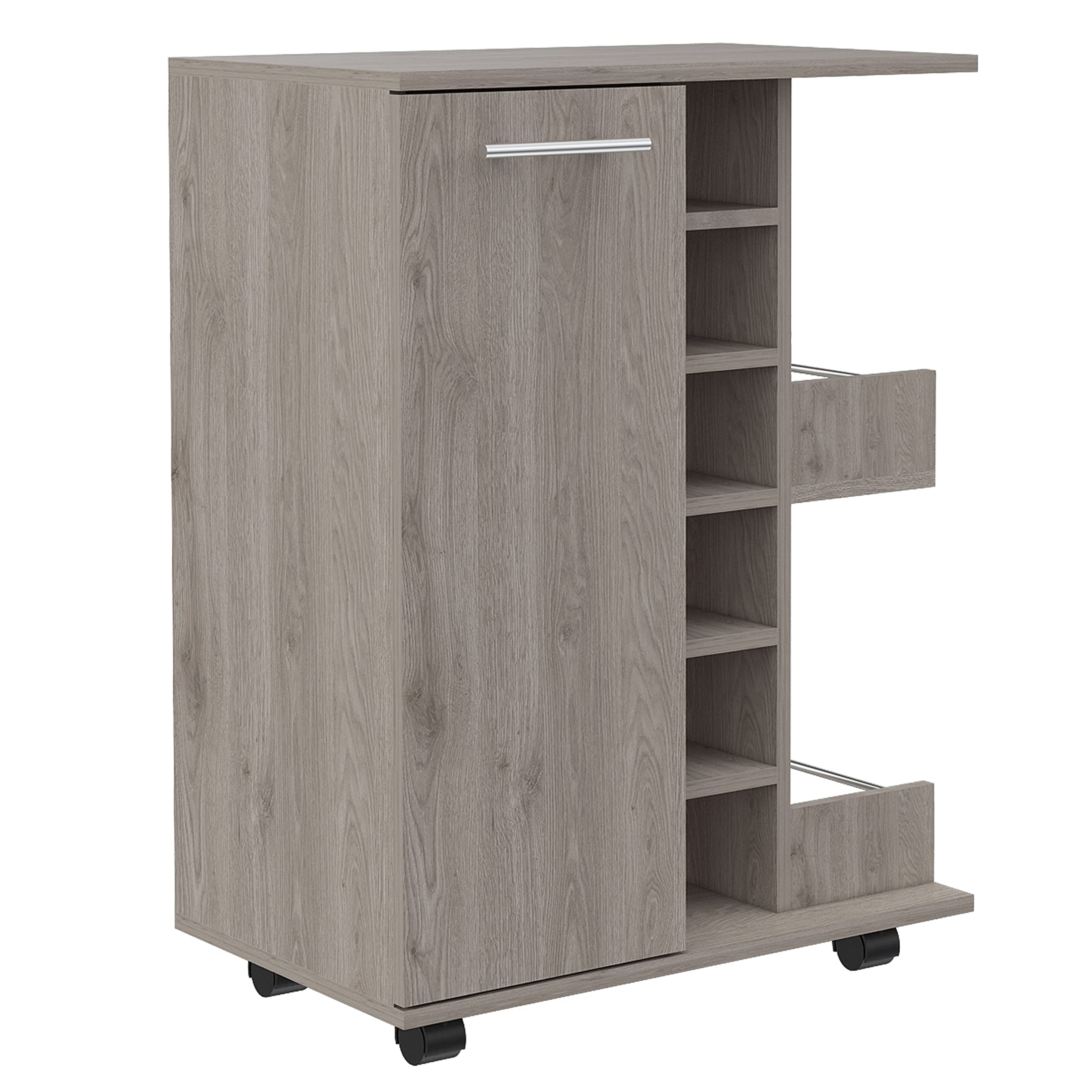 DEPOT E-SHOP Magda Bar Cart with Four Casters, Six Built-in Wine Rack, Single Door Cabinet, and Two External Shelves, 32.32&quot; H, Light Gray, Living Room
