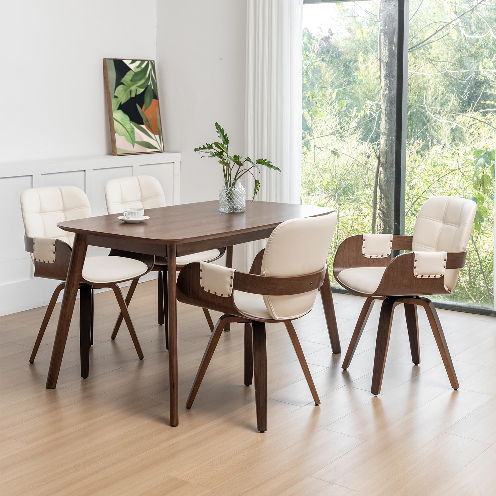 Set Of 4 Swivel Dining Chairs - Mid Century Modern Dining Chairs With Arms And Curved Back, Faux Leather Bentwood, Versatile For