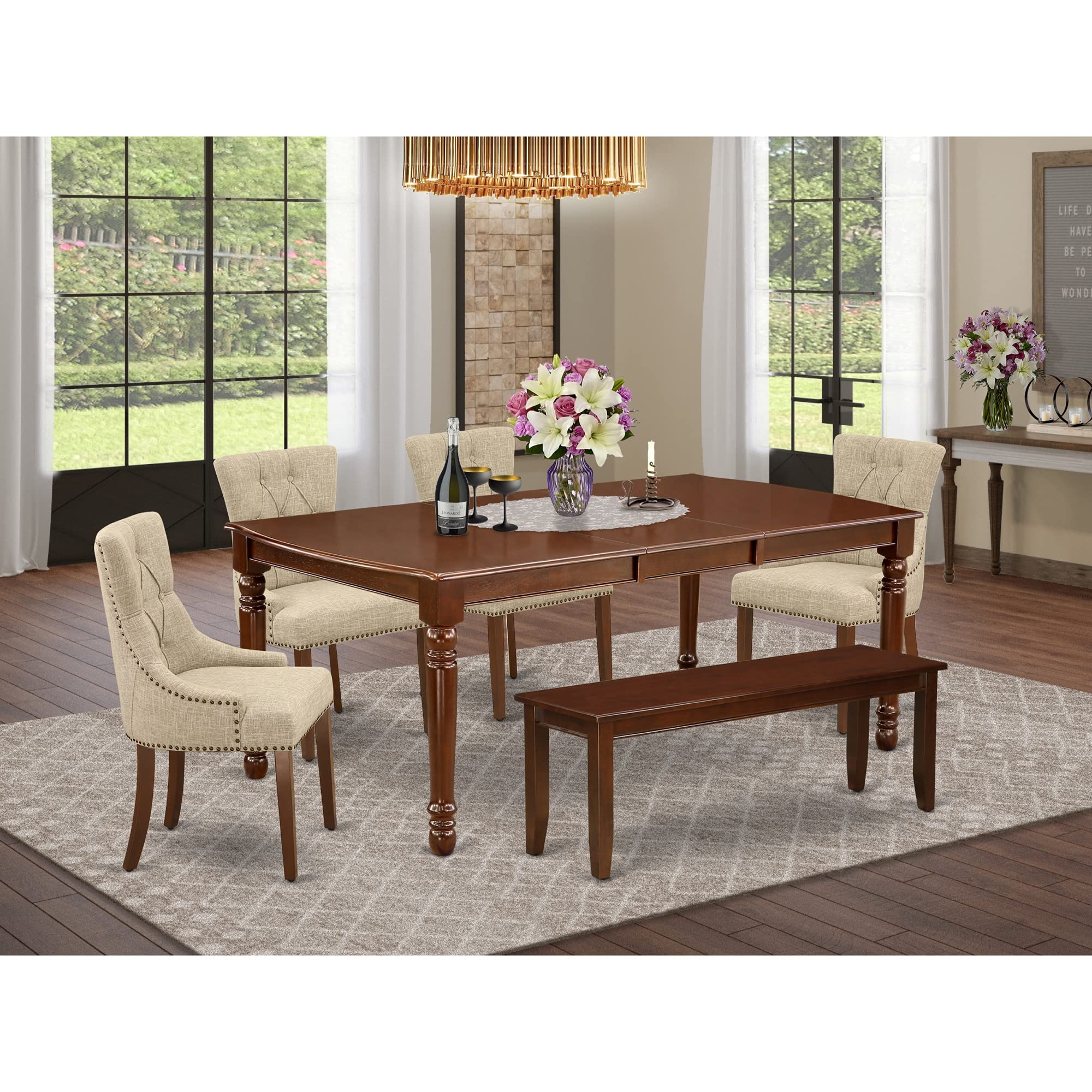 East West Furniture Dofr6-Mah-05 6 Piece Dinette Set Contains A Rectangle Dining Table With Butterfly Leaf And 4 Doeskin Linen Fabric Parson Chairs With A Bench, 42X78 Inch, Mahogany