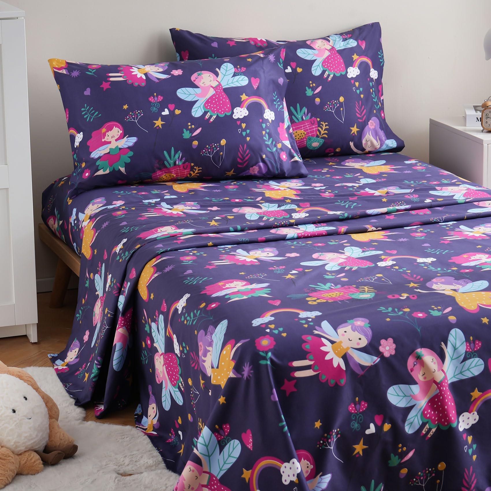 Jsd Fairy Floral Kids Sheet Set Twin Size, 3 Piece Girls Navy Printed Microfiber Sheets Deep Pocket