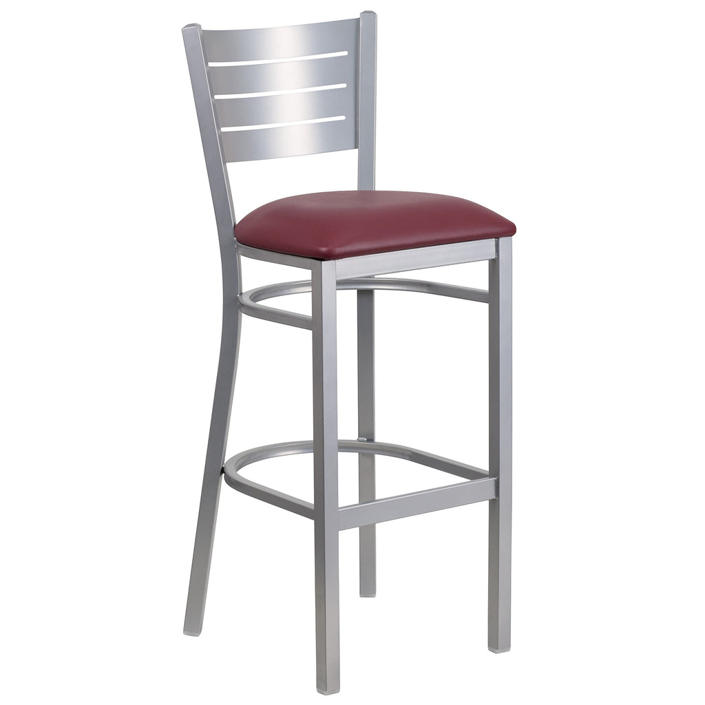 Flash Furniture HERCULES Series Silver Slat Back Metal Restaurant Barstool - Burgundy Vinyl Seat