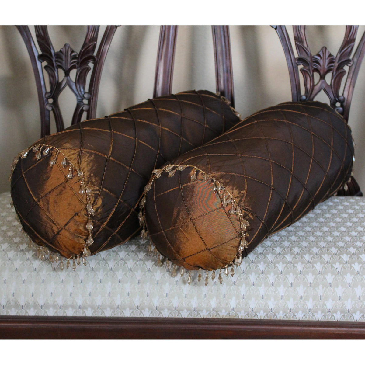 Blazing Needles Beaded Satin Bolster Pillow, 20 x 8, Bronze 2 Count