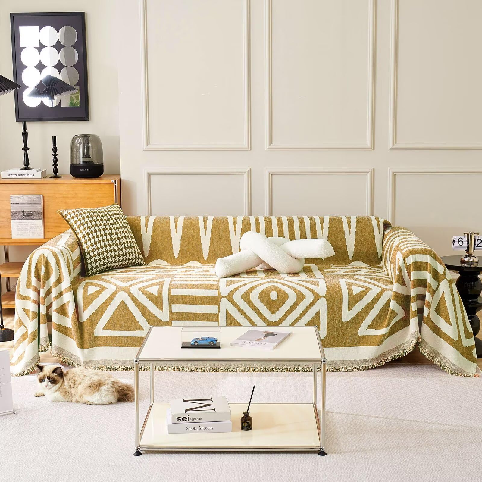 Vclife Boho Couch Cover Modern Mustard Yellow White Triangle Plaid Geometry Jacquard Sofa Cover Anti Slip Washable Chenille Dog