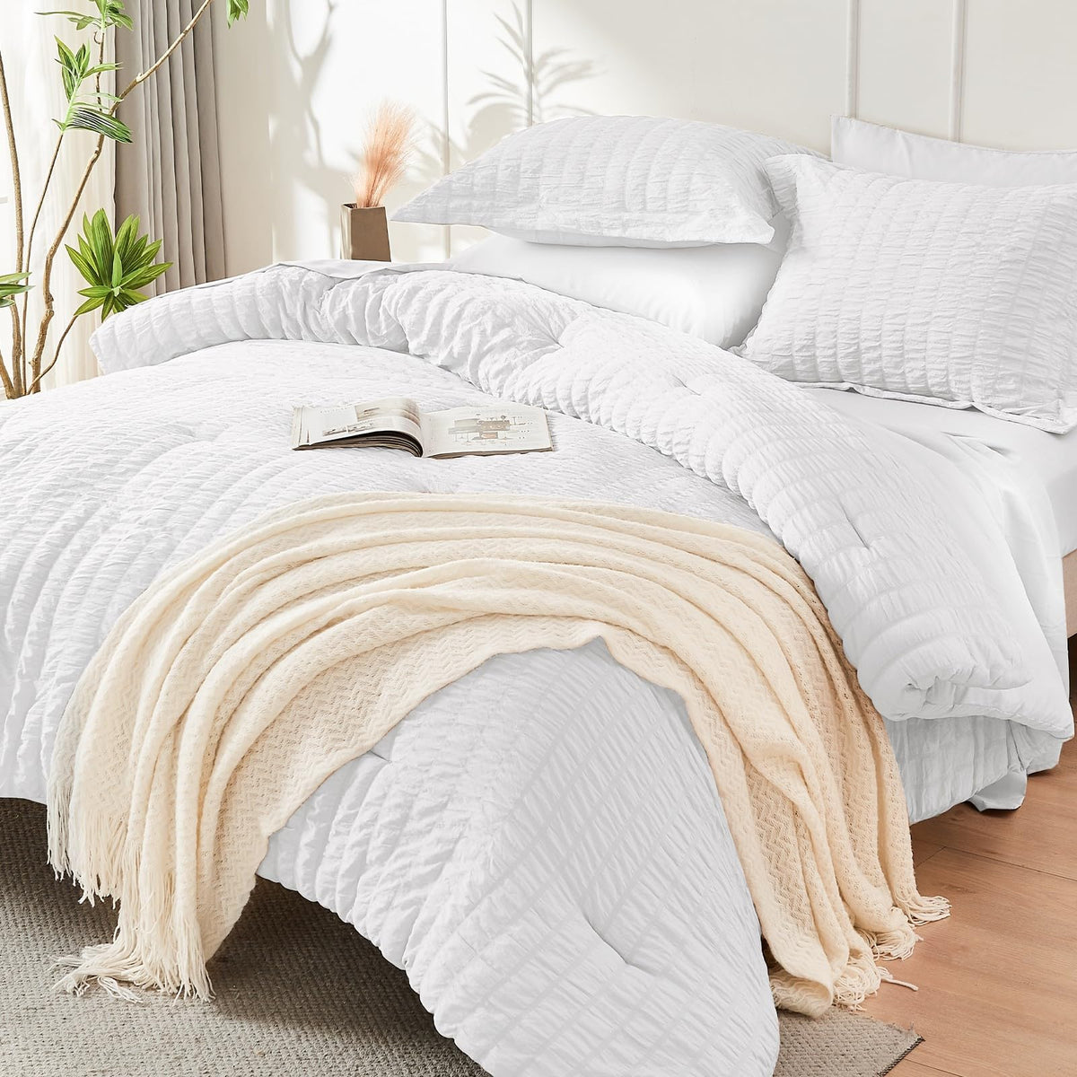 Jollyvogue 7- Pieces Queen Comforter Set, Comforter Set White Seersucker Bed In A Bag Queen, All Season Bedding Sets With Comfor