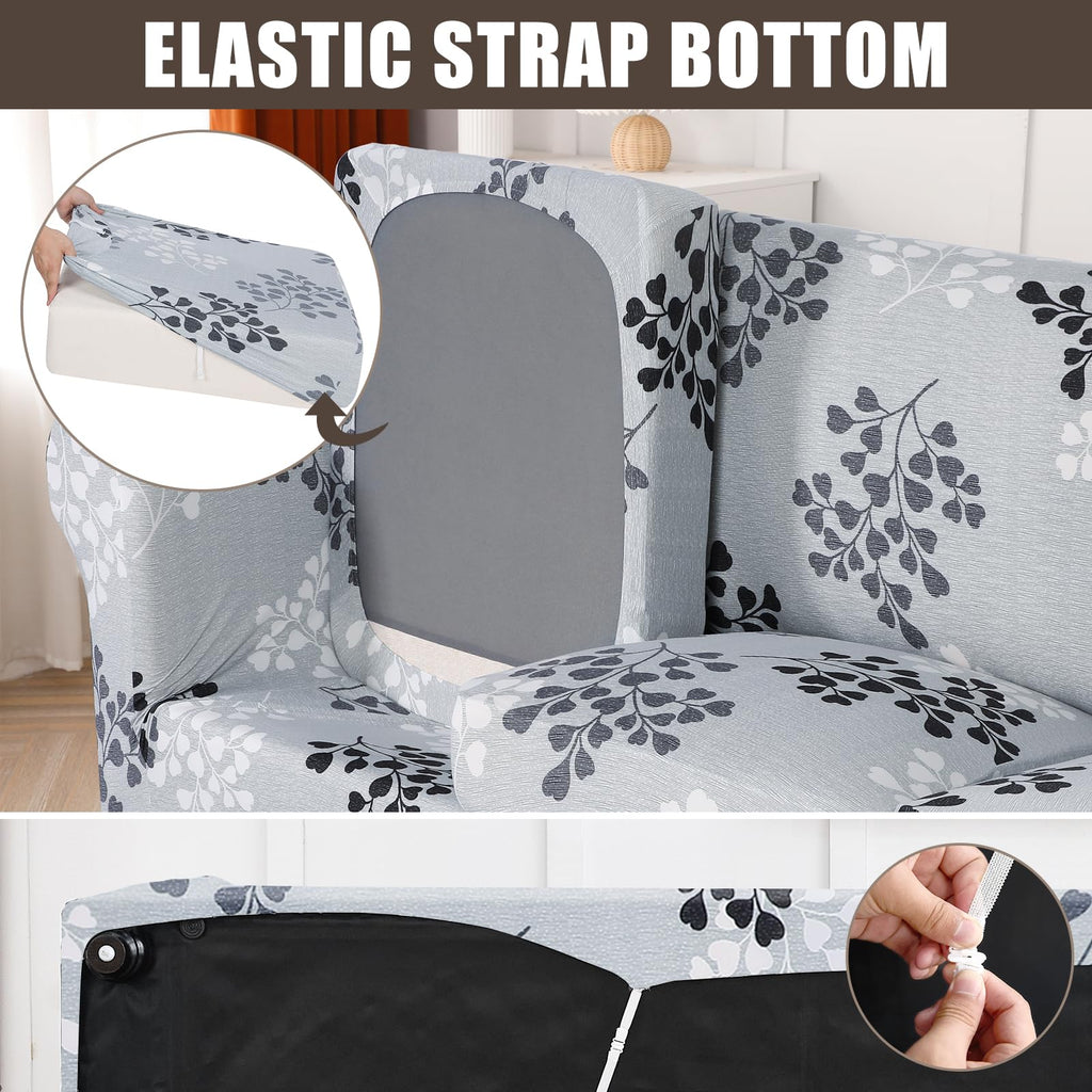 Searchi Stretch Sofa Cover Printed Couch Cover, Floral Pattern 4 Pieces Sofa Slipcover With 3 Separate Cushion Cover, Washable Furniture Protector For Living Room(Sofa, Leaf Pattern)