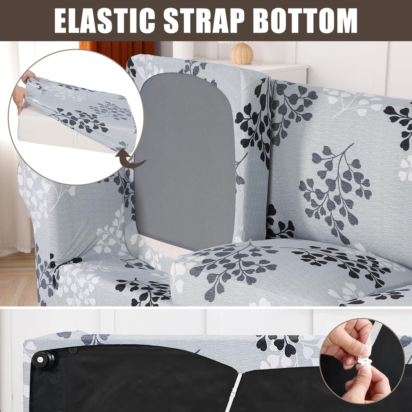 Searchi Stretch Sofa Cover Printed Couch Cover, Floral Pattern 4 Pieces Sofa Slipcover With 3 Separate Cushion Cover, Washable Furniture Protector For Living Room(Sofa, Leaf Pattern)