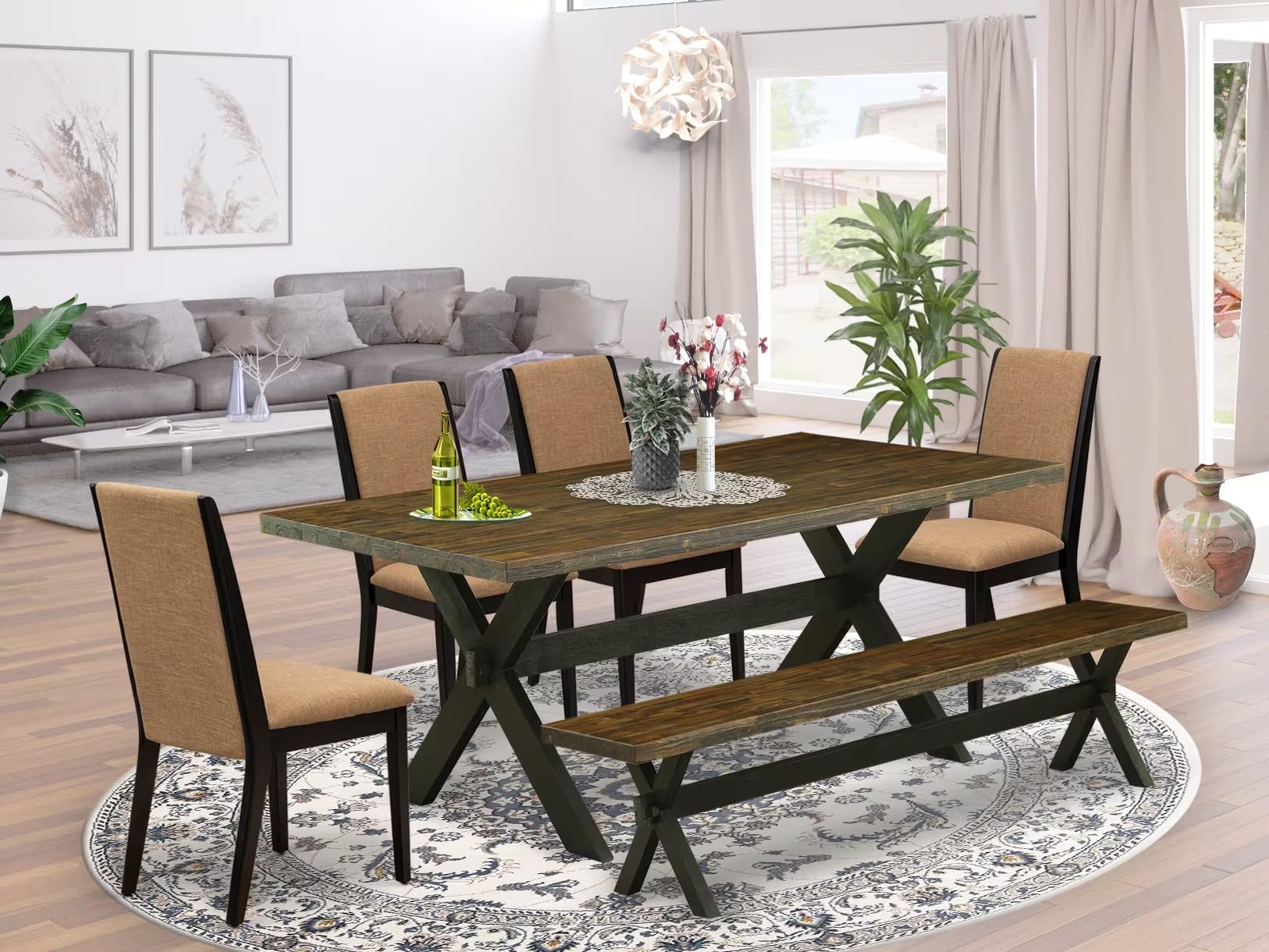 East West Furniture X677La147-6 6 Piece Dining Table Set Contains A Rectangle Kitchen Table With X-Legs And 4 Light Sable Linen Fabric Parson Chairs With A Bench, 40X72 Inch, Multi-Color