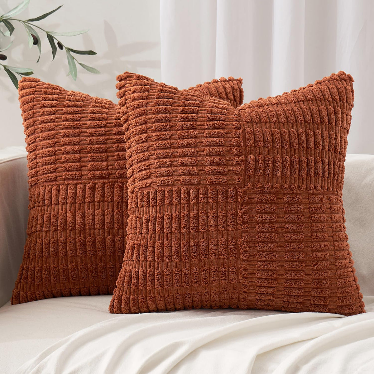 Miulee Dark Rust Boho Pillow Covers Set Of 2 Decorative Farmhouse Couch Throw Pillows Textured Striped Patchwork Pillowcases For