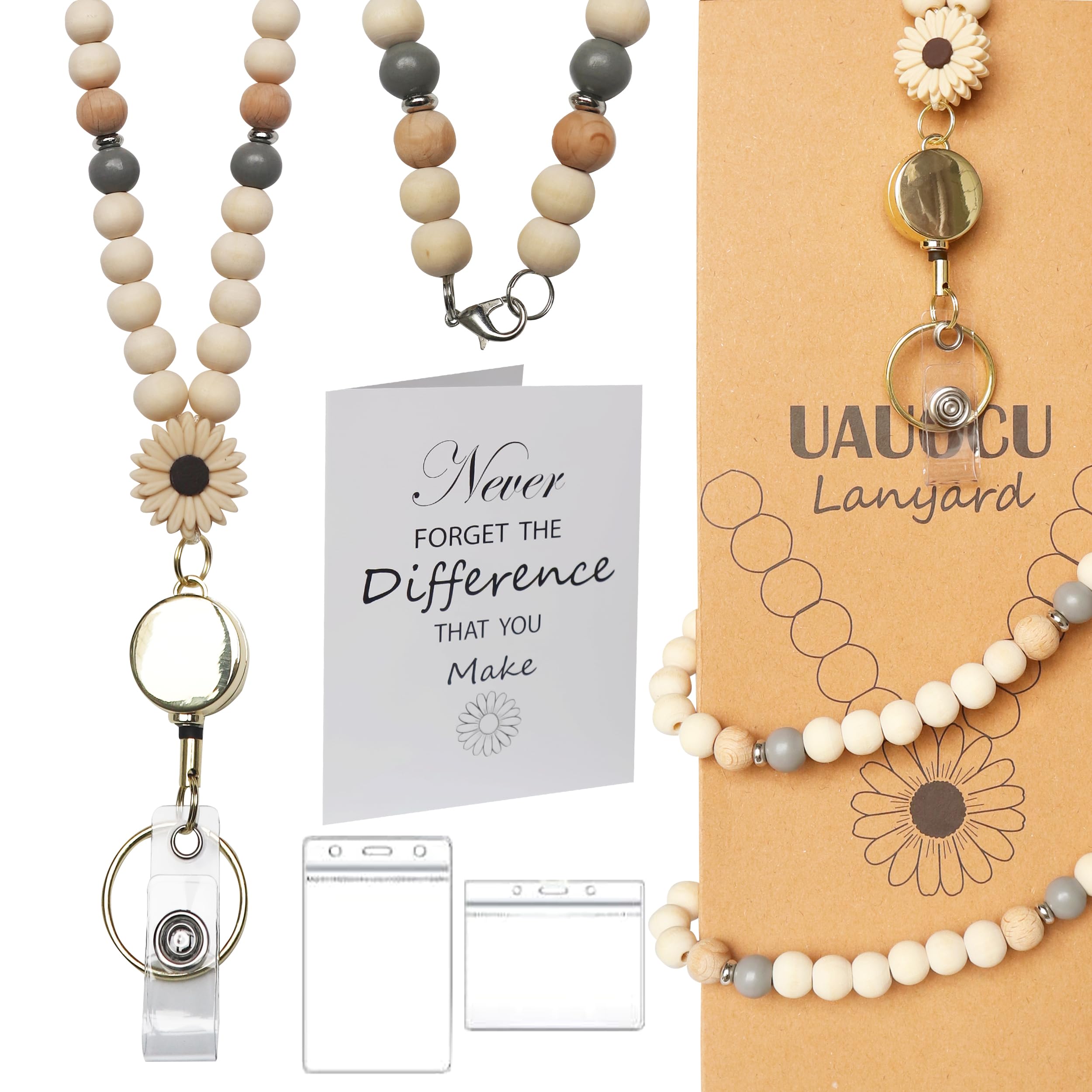 Retractable Teacher Lanyard with Holder, Lanyards for ID Badges Keys Wooden Beaded, Teacher Appreciation Gifts for Women, Unique