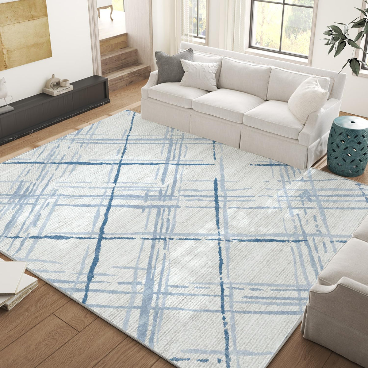 jinchan Area Rug 8x10 Modern Washable Rug Abstract Rug Geometric Grid Non Slip Accent Rug Thin Rug Indoor Floor Cover Blue Lines