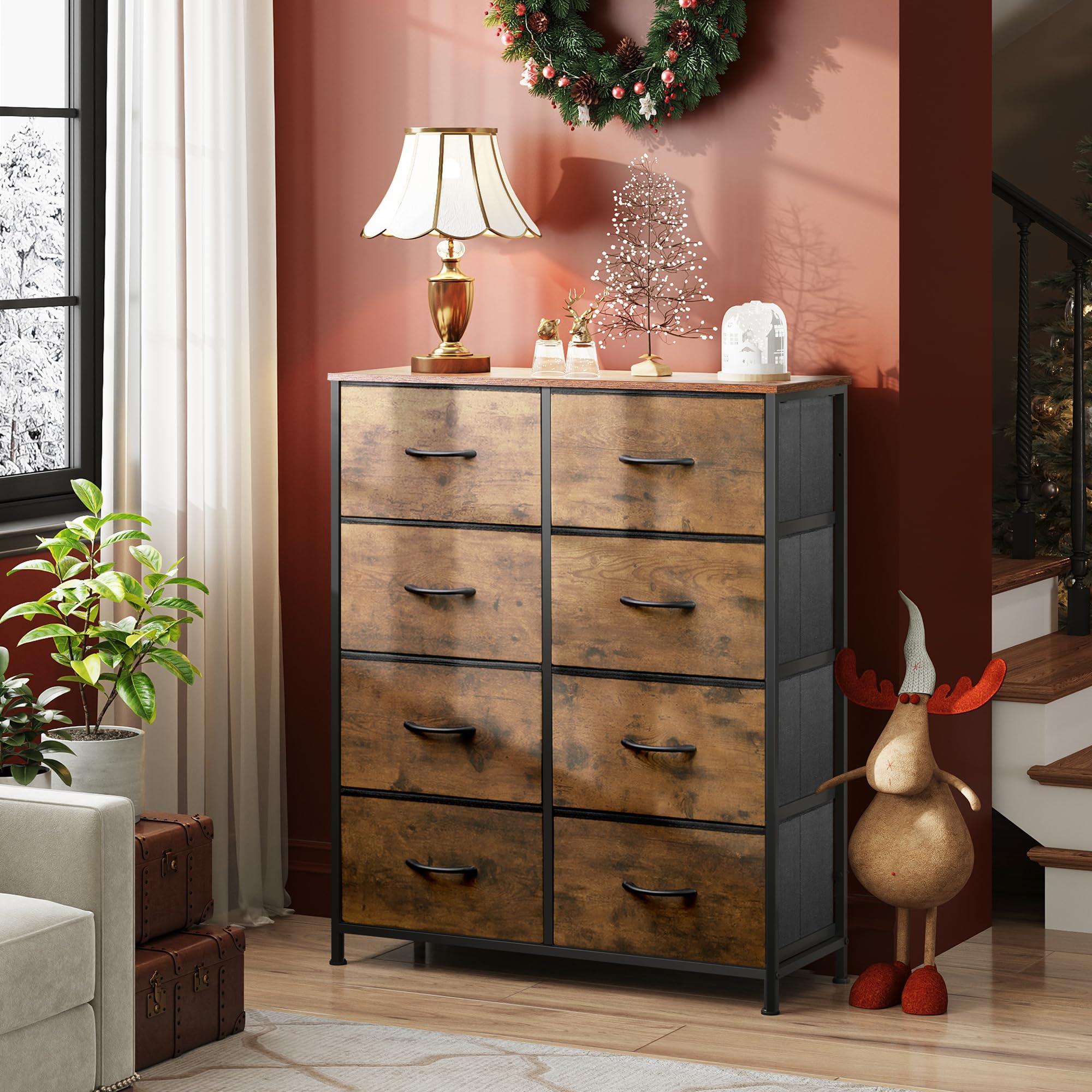 Wlive Tall Fabric Dresser With 8 Drawers, Storage Tower With Fabric Bins, Double Dresser, Chest Of Drawers For Closet, Bedroom, Living Room, Hallway, Dorm, Rustic Brown Wood Grain Print