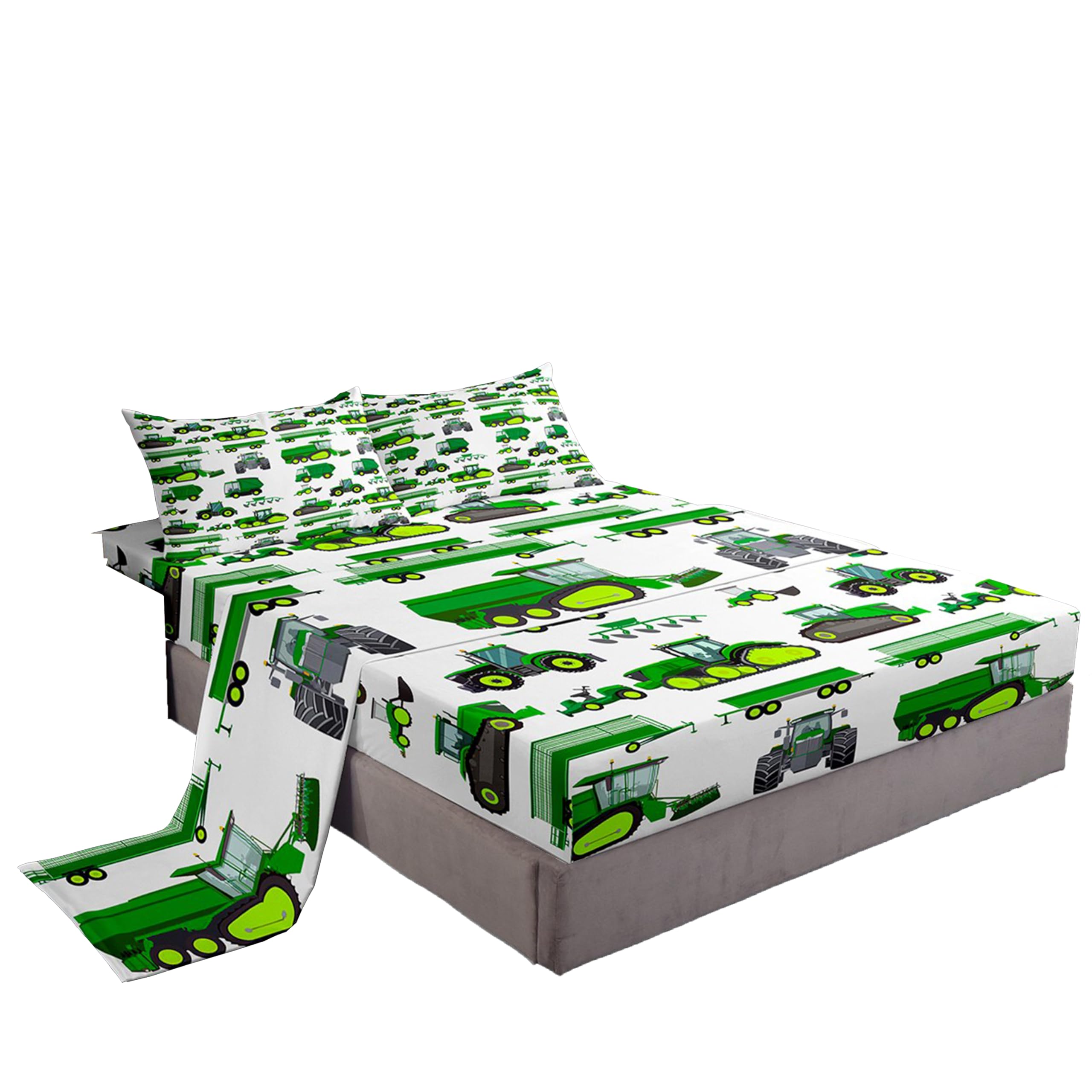 Tractor Bed Sheets Cartoon Construction Truck Vehicle Sheet Set Twin Size Kids Boys Green Yellow Excavator Car Fitted Sheet, Lux