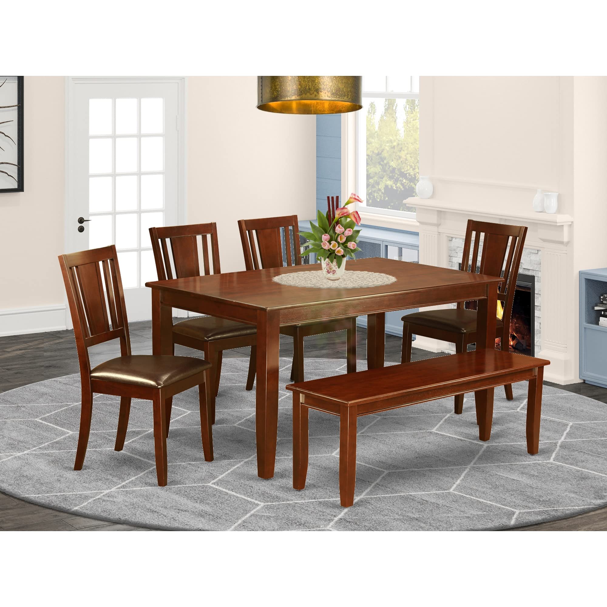 East West Furniture DUDL6D-MAH-LC Dudley 6 Piece Set Contains a Rectangle Dining Room Table and 4 Faux Leather Upholstered Chairs with a Bench, 36x60 Inch