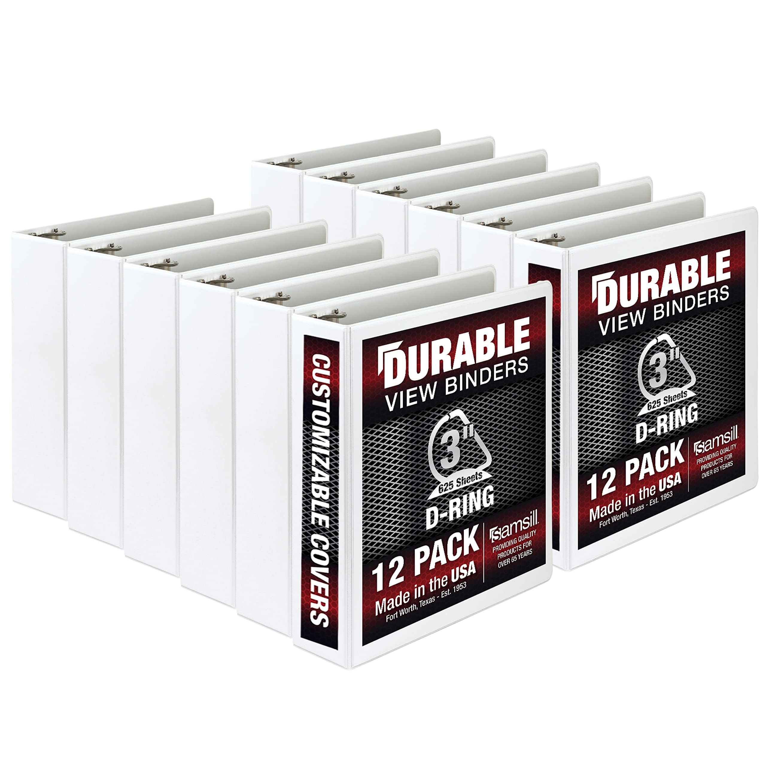 Samsill Durable 3 Inch . , Made In The Usa, D Ring . , Customizable Clear View . , White, 12 Pack, Each Holds 625 Pages