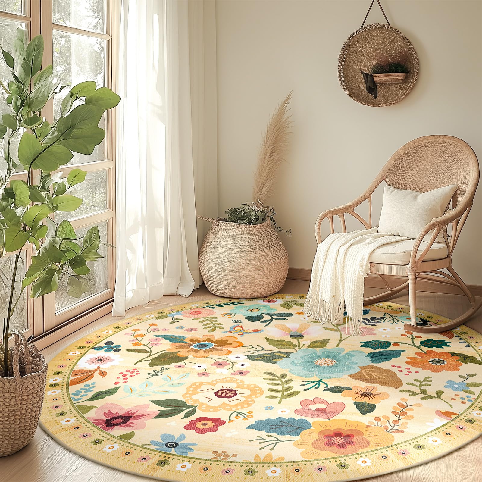 RELEANY Washable Area Rug, Runner Rug, Round Rug, Non Slip Boho Floral Vintage 4ft Round Rug, Circle Rug for Living Room, Dining