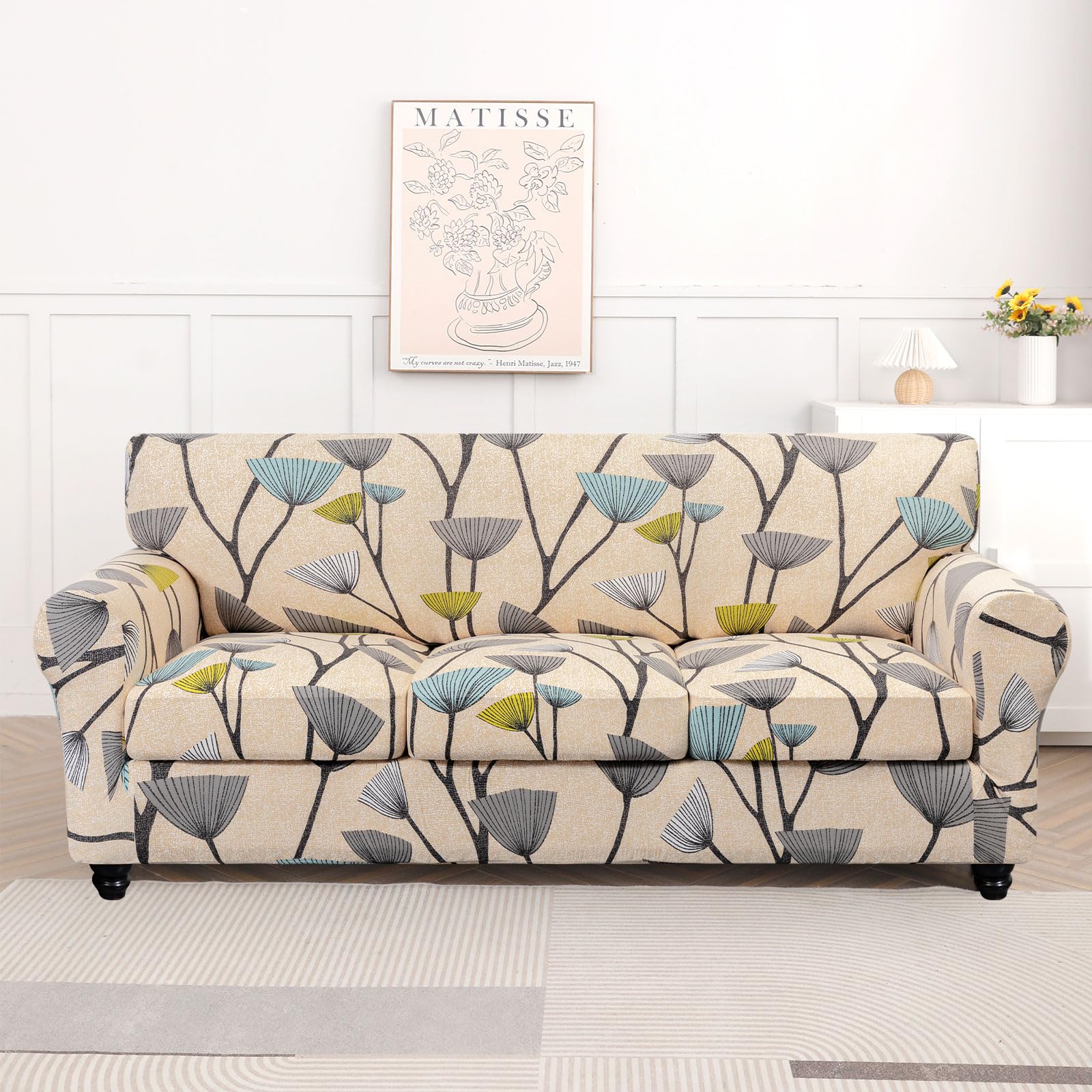 Searchi Stretch Sofa Cover Printed Couch Cover, Floral Pattern 4 Pieces Sofa Slipcover With 3 Separate Cushion Cover, Washable Furniture Protector For Living Room(Sofa, Dandelion Pattern)