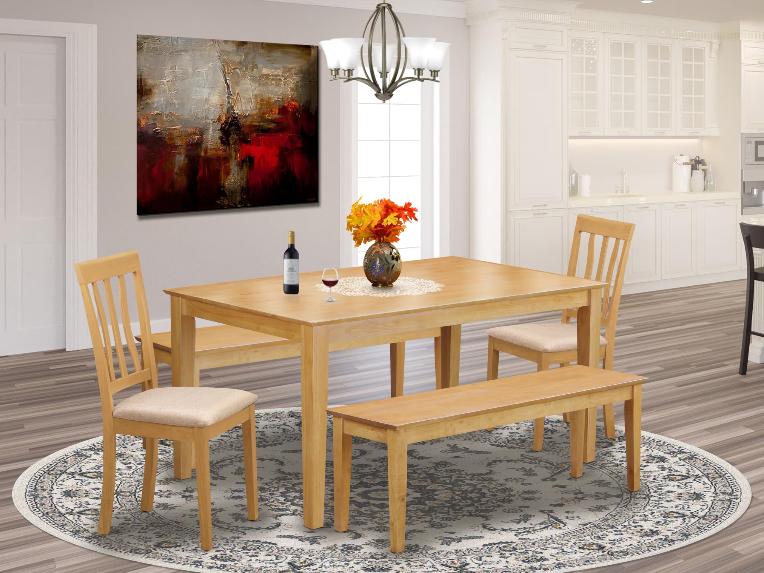 East West Furniture CAAN5C-OAK-C 5 Piece Modern Dining Table Set Includes a Rectangle Kitchen Table and 2 Linen Fabric Upholstered Chairs with 2 Benches, 36x60 Inch, Oak