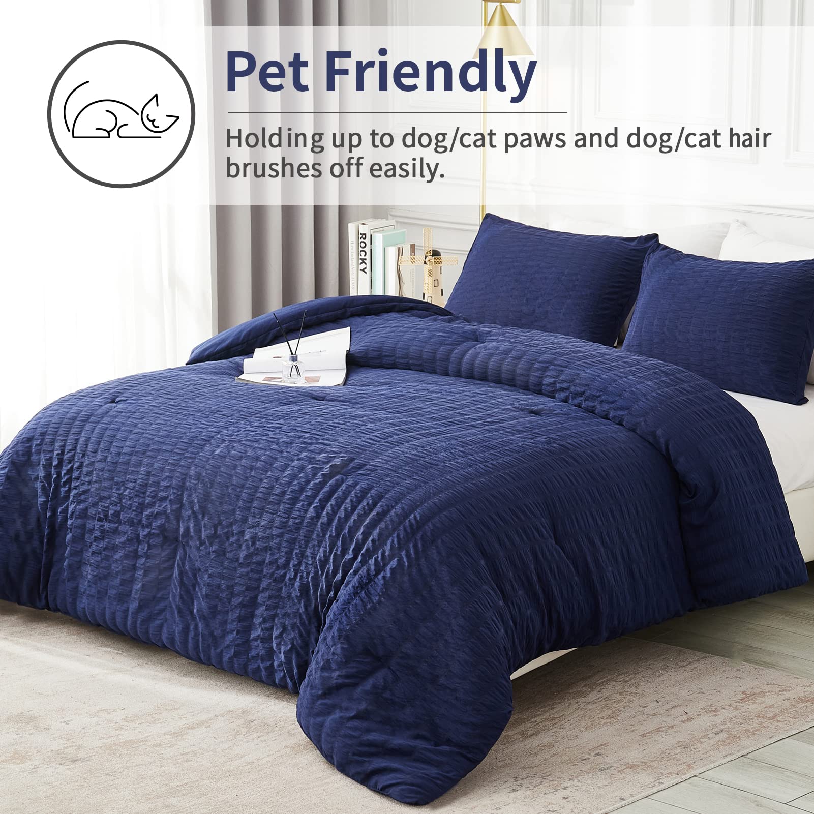 Avelom Navy Blue Seersucker California King Comforter Set (104X96 Inches), 3 Pieces-100% Soft Washed Microfiber Lightweight Comforter With 2 Pillowcases, All Season Down Alternative Bedding Set