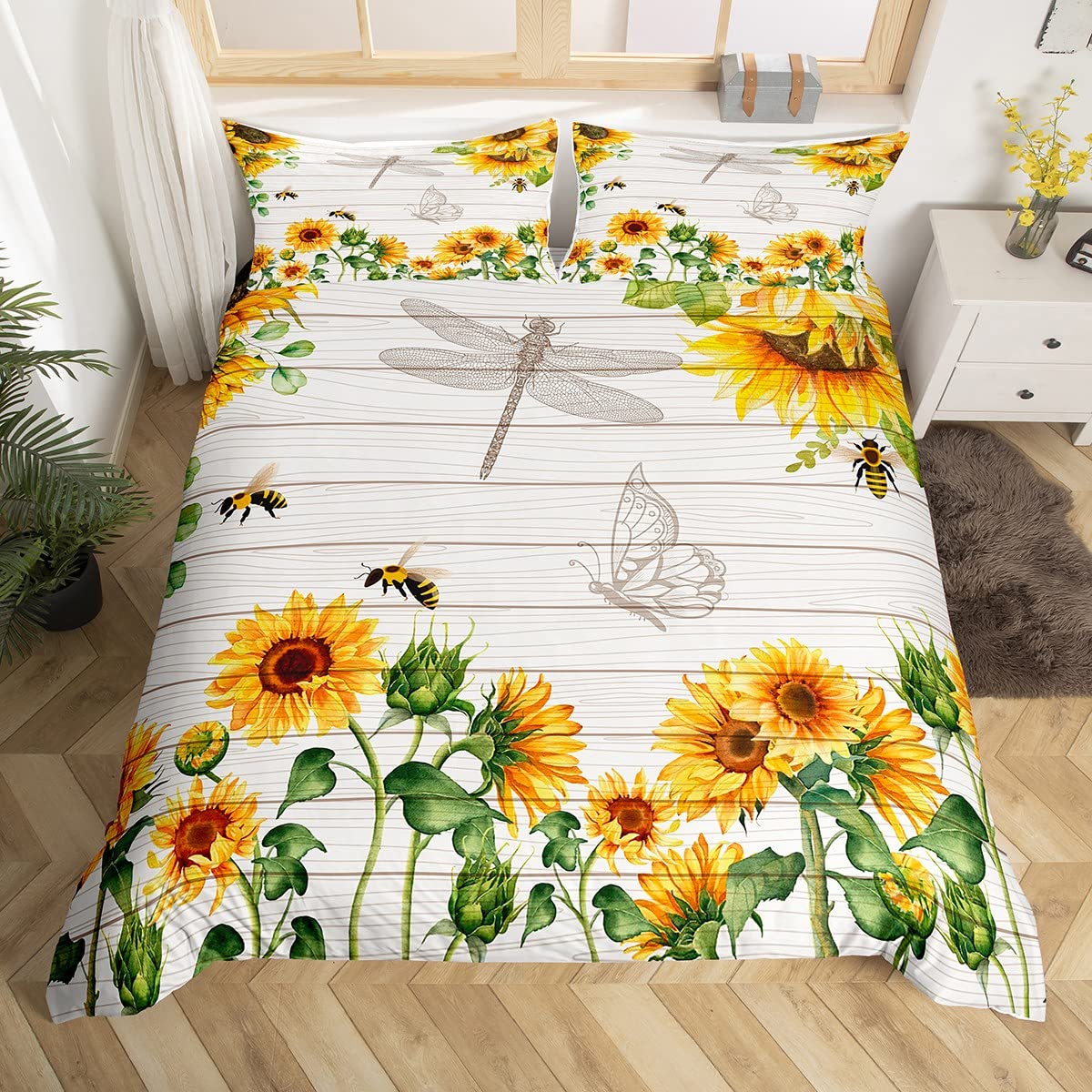 Sunflower Comforter Cover Yellow Flowers And Bee Bedding Set Butterfly Dragonfly Duvet Cover For Kids Boys Girls Botanical Branc