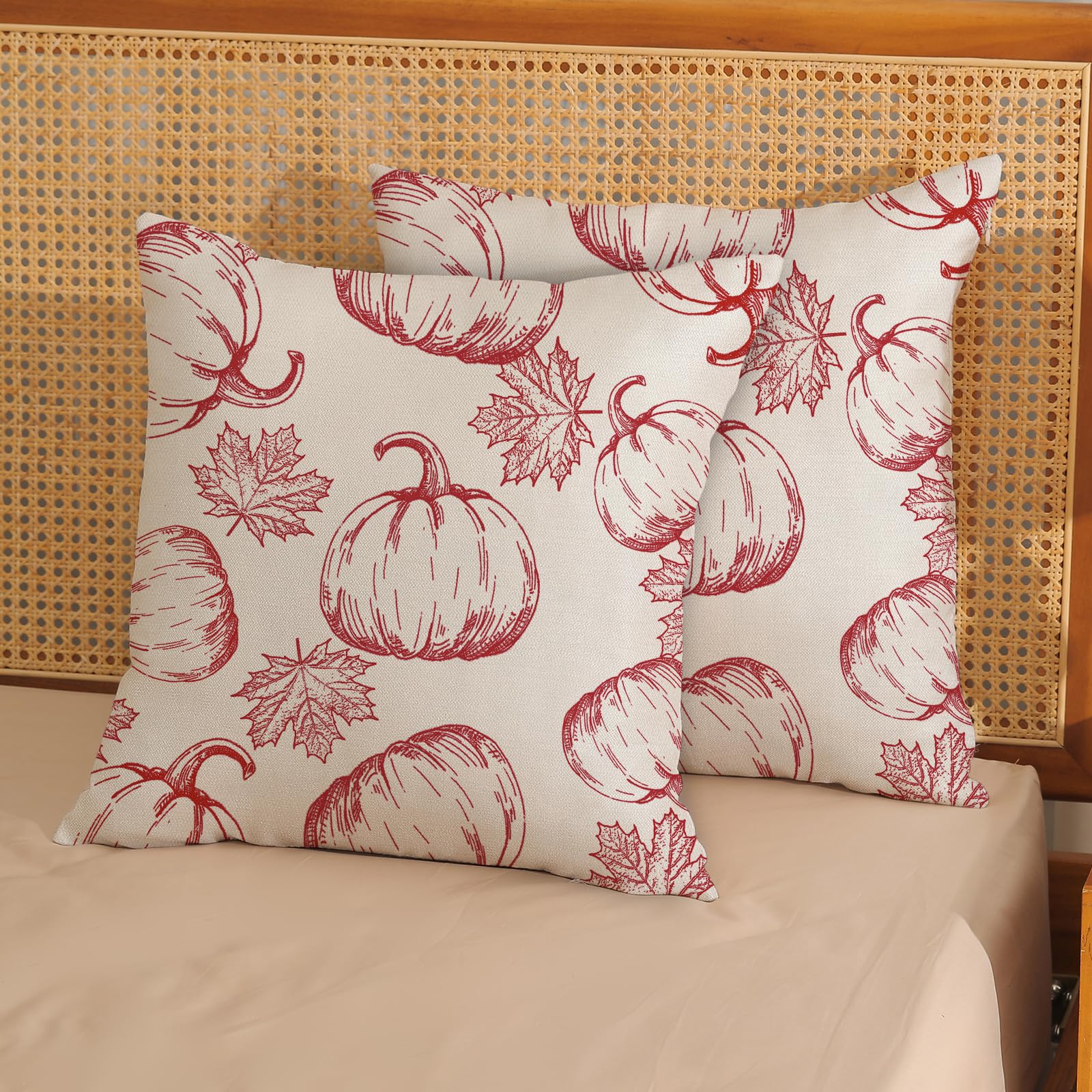 Fall Pillow Covers 18X18 Burgundy Red Pumpkin Decor Throw Pillows Case For Couch Maple Leaves Autumn Harvest Thanksgiving Farmho
