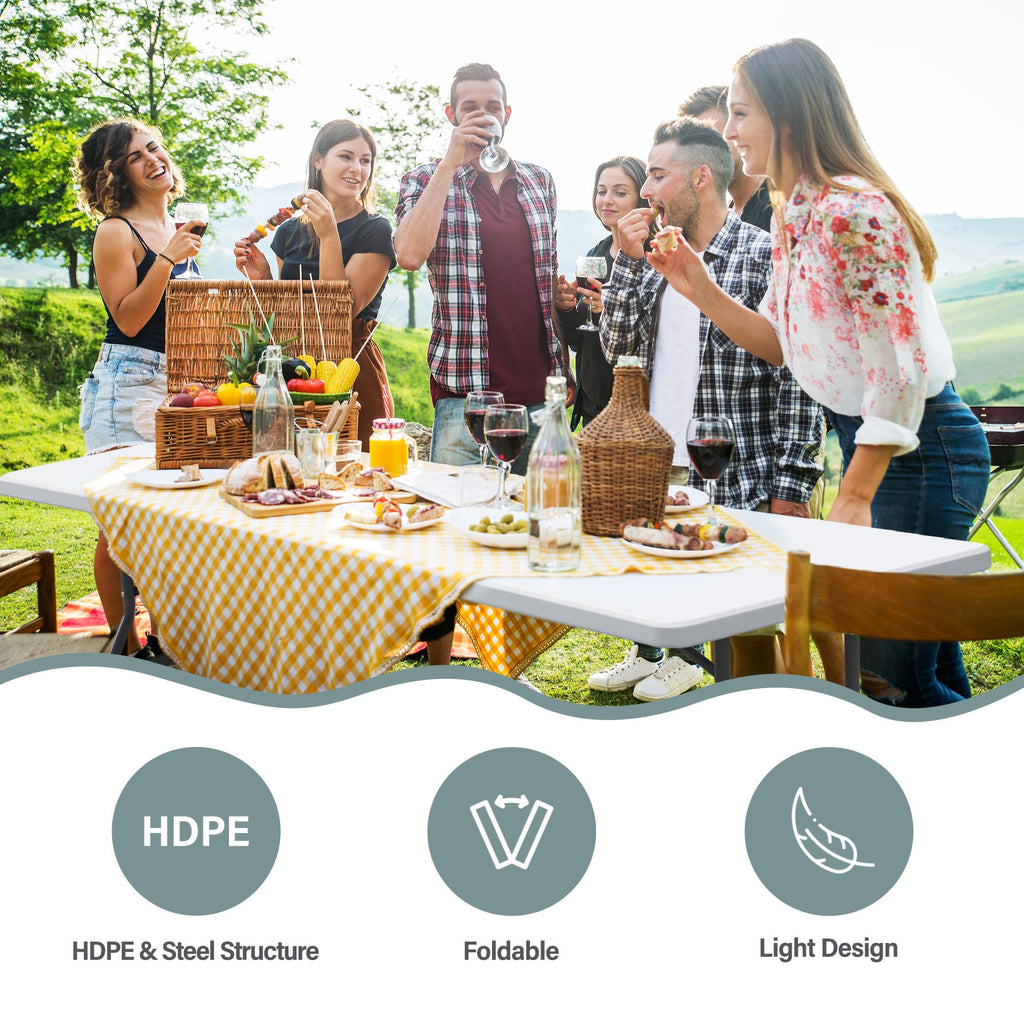 Zeny 8Ft Portable Folding Table Plastic Indoor Outdoor Picnic Party Camp Dining Table With Handle, White