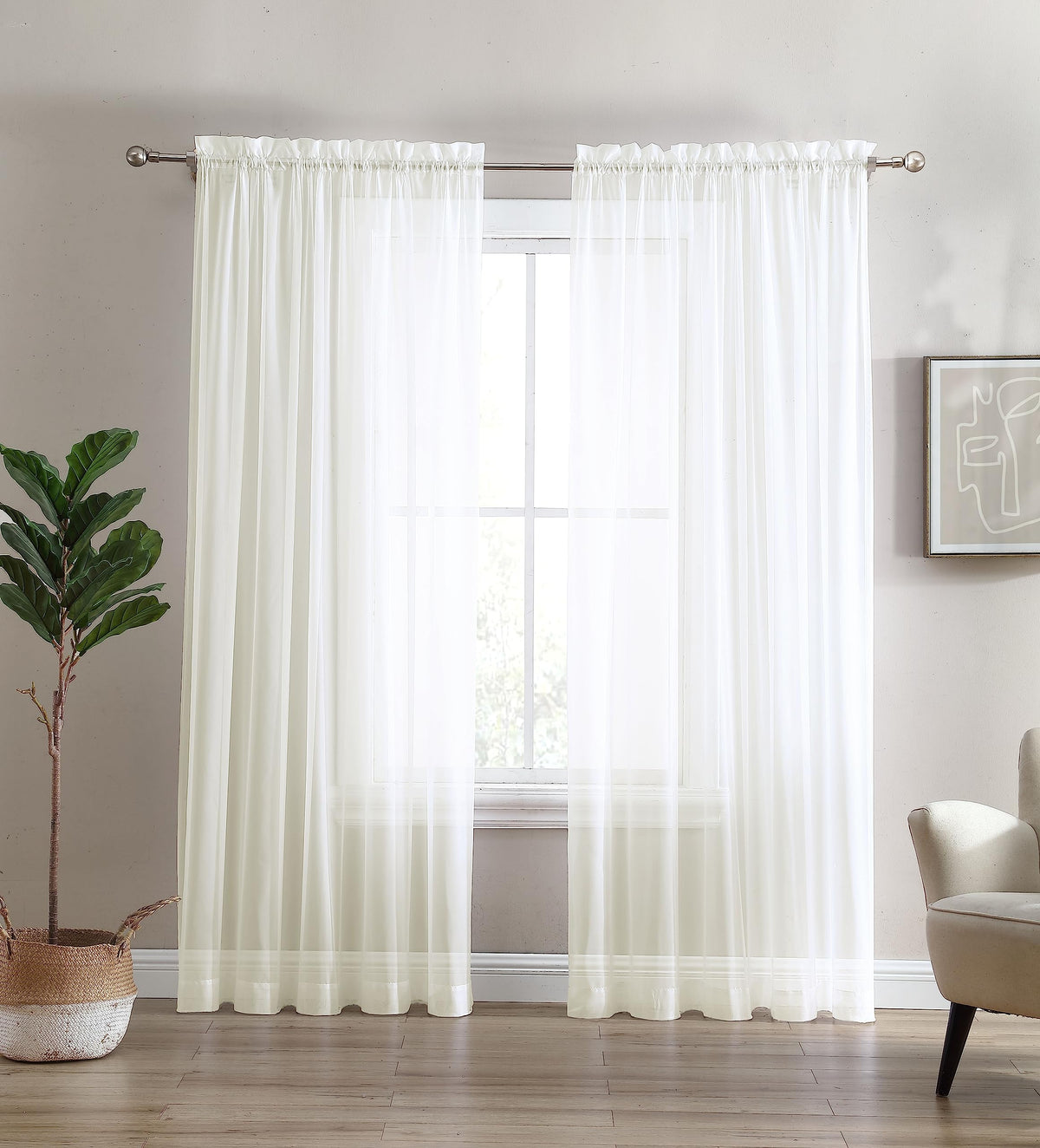 Cathay Home 2 Panels Sheer Rod Pocket Voile Curtains/Drapes/Window Treatment Set for Living Room/Bedroom (59inch Wide by 95inc