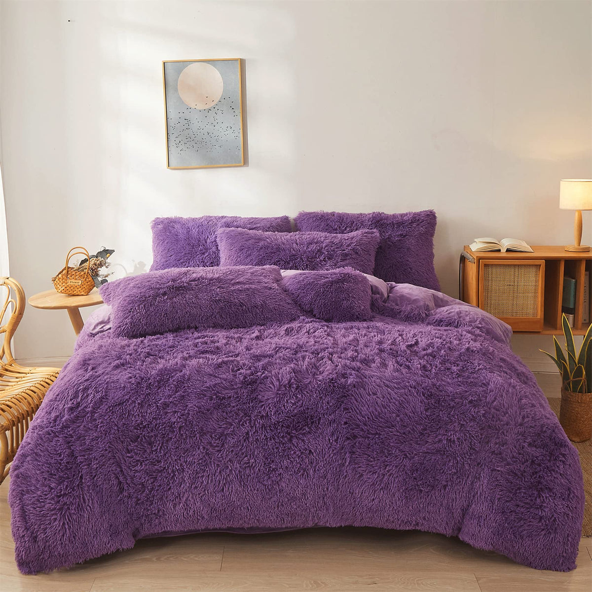 Foppa Dark Purple Faux Fur Comforter Cover Set Ultra Soft Plush Bedding Sets 3 Pieces (1 Faux Fur Duvet Cover + 2 Faux Fur Pillo