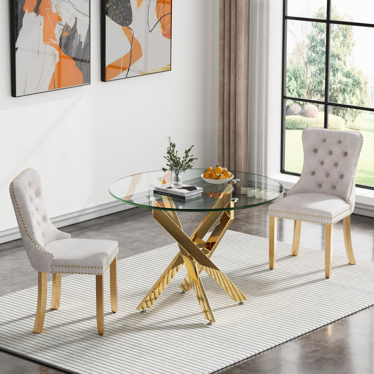 Kuvadaz 36' Modern Gold Glass Dining Room Table Set For 2, 3-Piece Round Kitchen Dining Table Set With Cross Metal Legs And 2 B