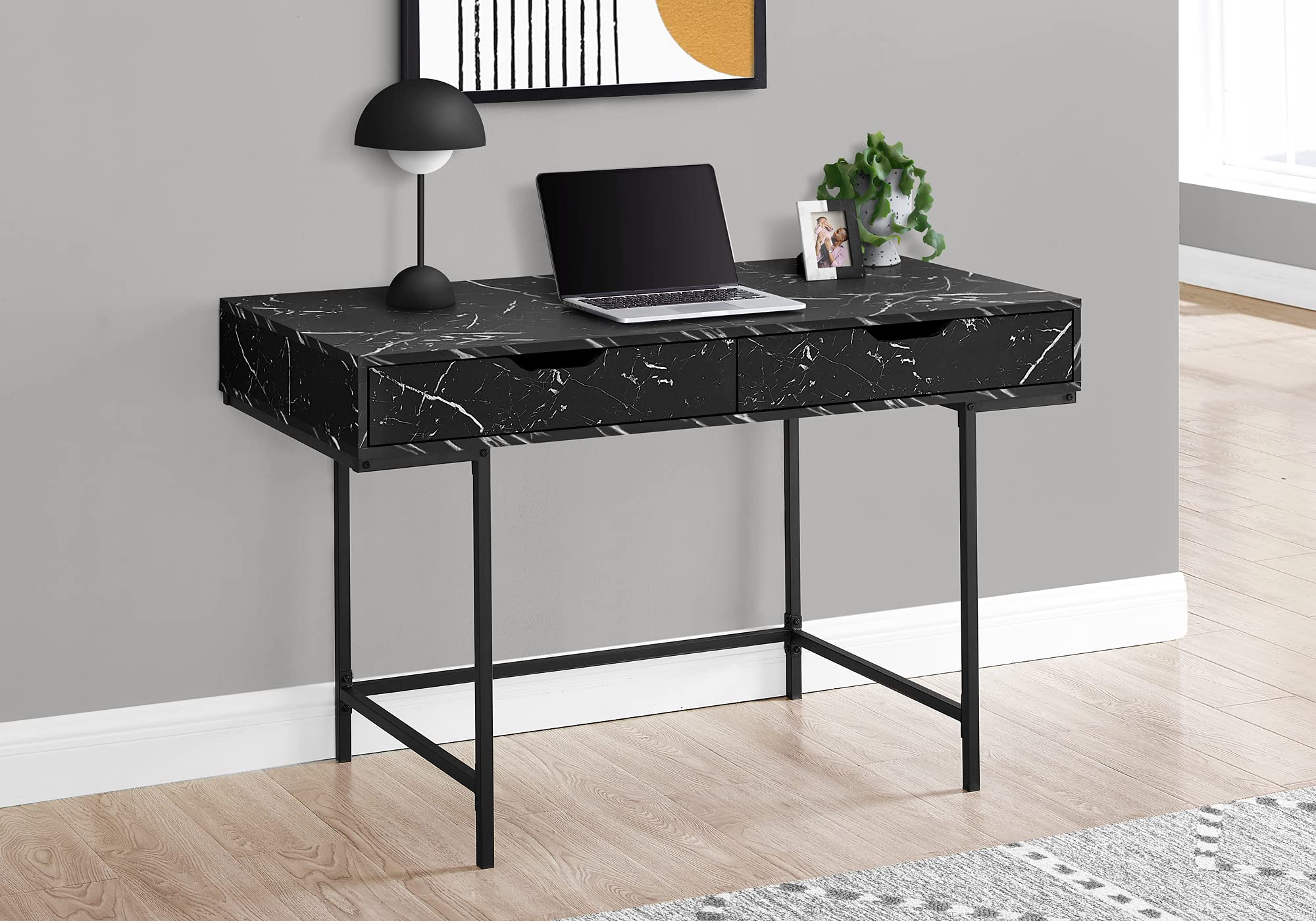 Monarch Specialties I 7552 Computer Desk, Home Office, Laptop, Storage Drawers, 48&quot; L, Work, Metal, Laminate, Black Marble Look, Contemporary, Modern