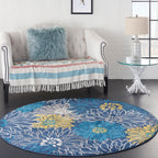 Nourison Passion Blue 5'3' X Round Area Rug, Floral, Farmhouse, Easy Cleaning, Non Shedding, Bed Room, Living Room, Dining Room, Kitchen, (5' Round)