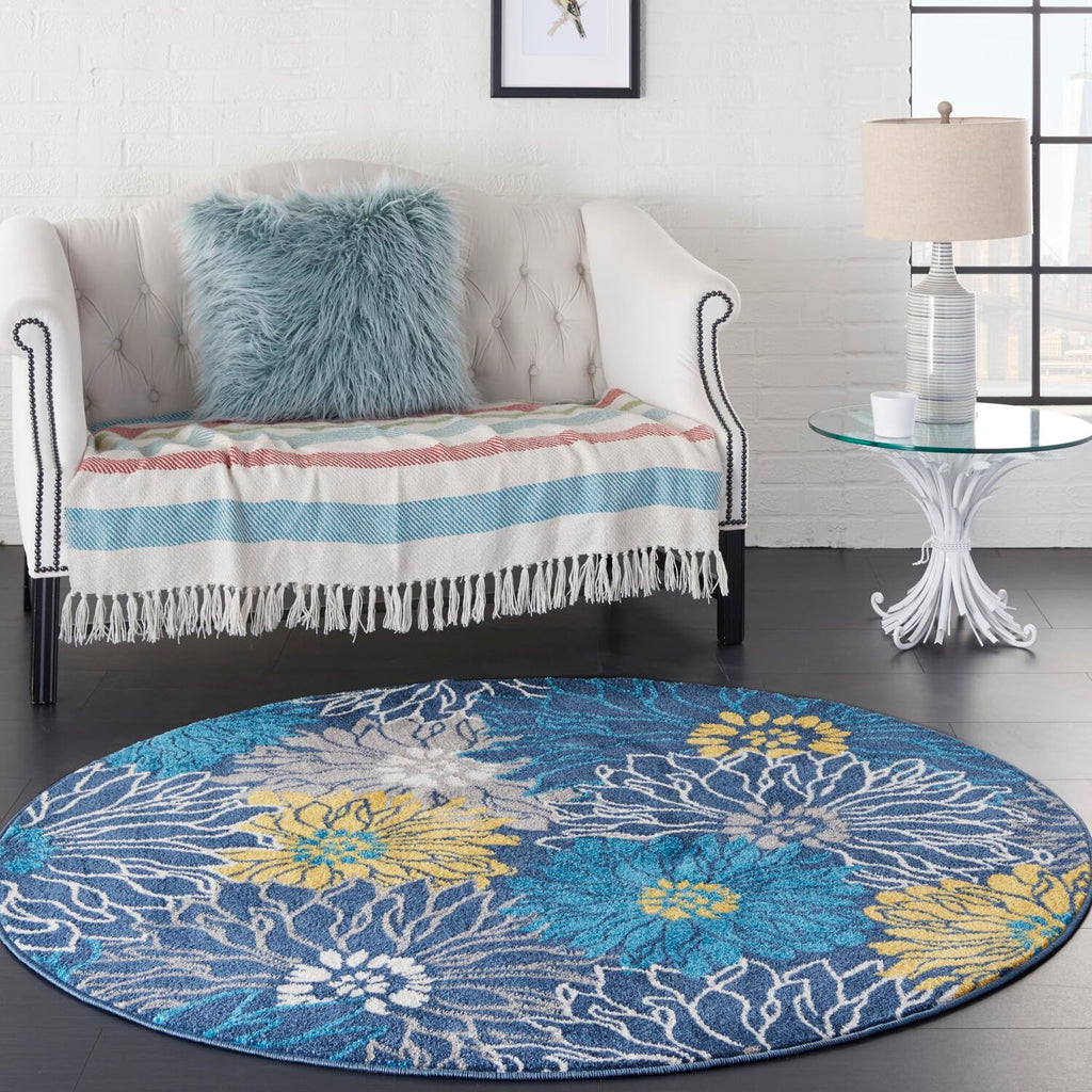 Nourison Passion Blue 4' X Round Area Rug, Floral, Farmhouse, Easy Cleaning, Non Shedding, Bed Room, Living Room, Dining Room, Kitchen, (4' Round)
