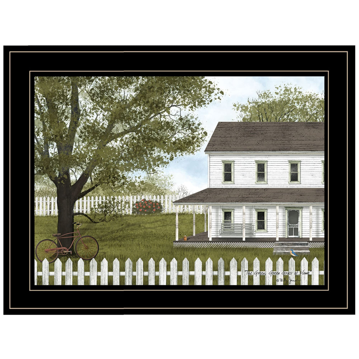 HomeRoots White Farmhouse with Picket Fence Black Framed Art Print for Living Room & Home Office