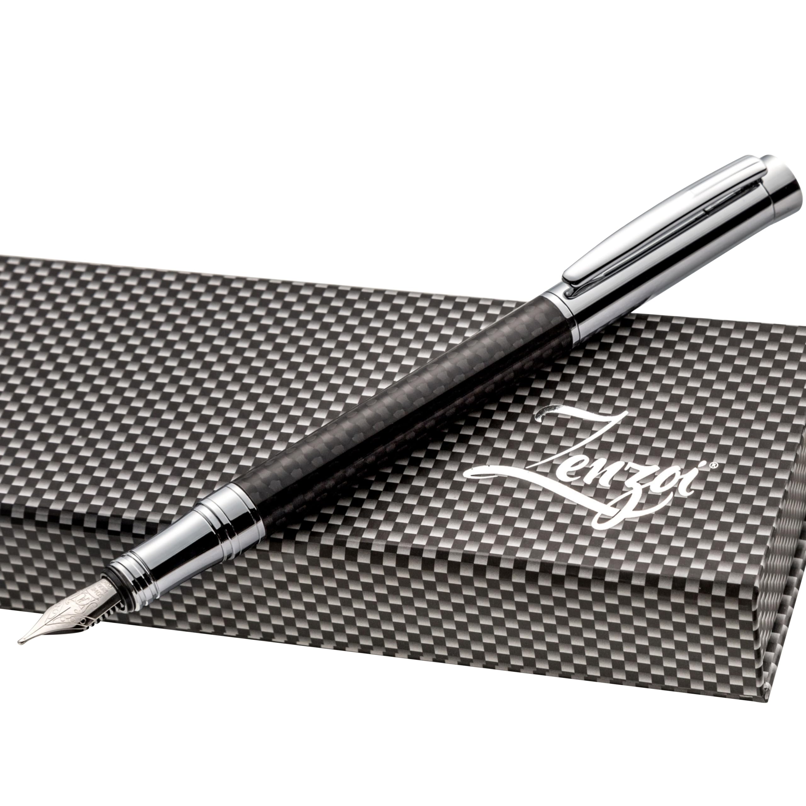 Zenzoi Elite Carbon Fiber Fountain Pen - Elegant Writing Experience With Schmidt Medium Nib. Luxury Pen Gift Set, Converter, 2 I