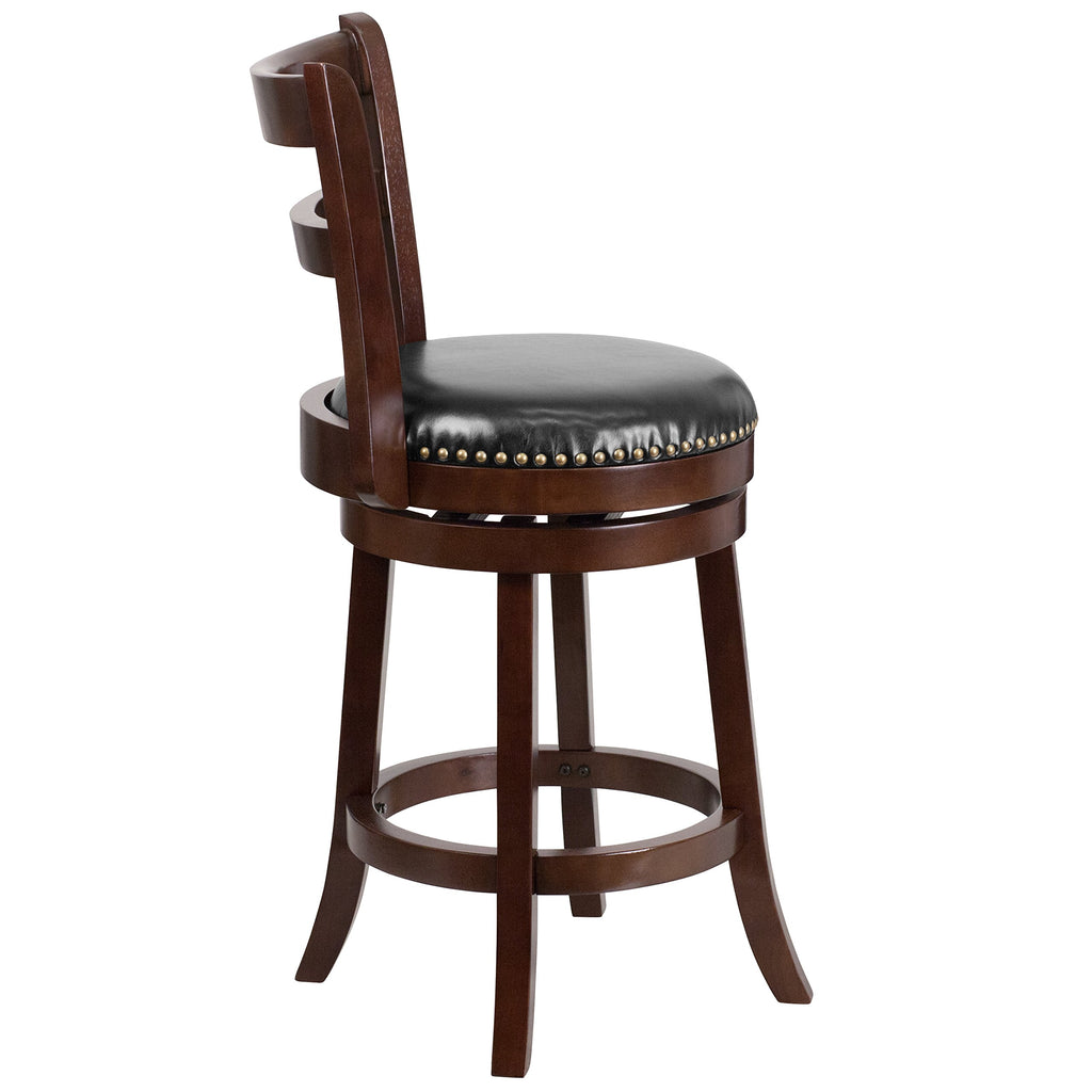Flash Furniture Ronnie 26'' High Cappuccino Wood Counter Height Stool With Single Slat Ladder Back And Black Leathersoft Swivel Seat