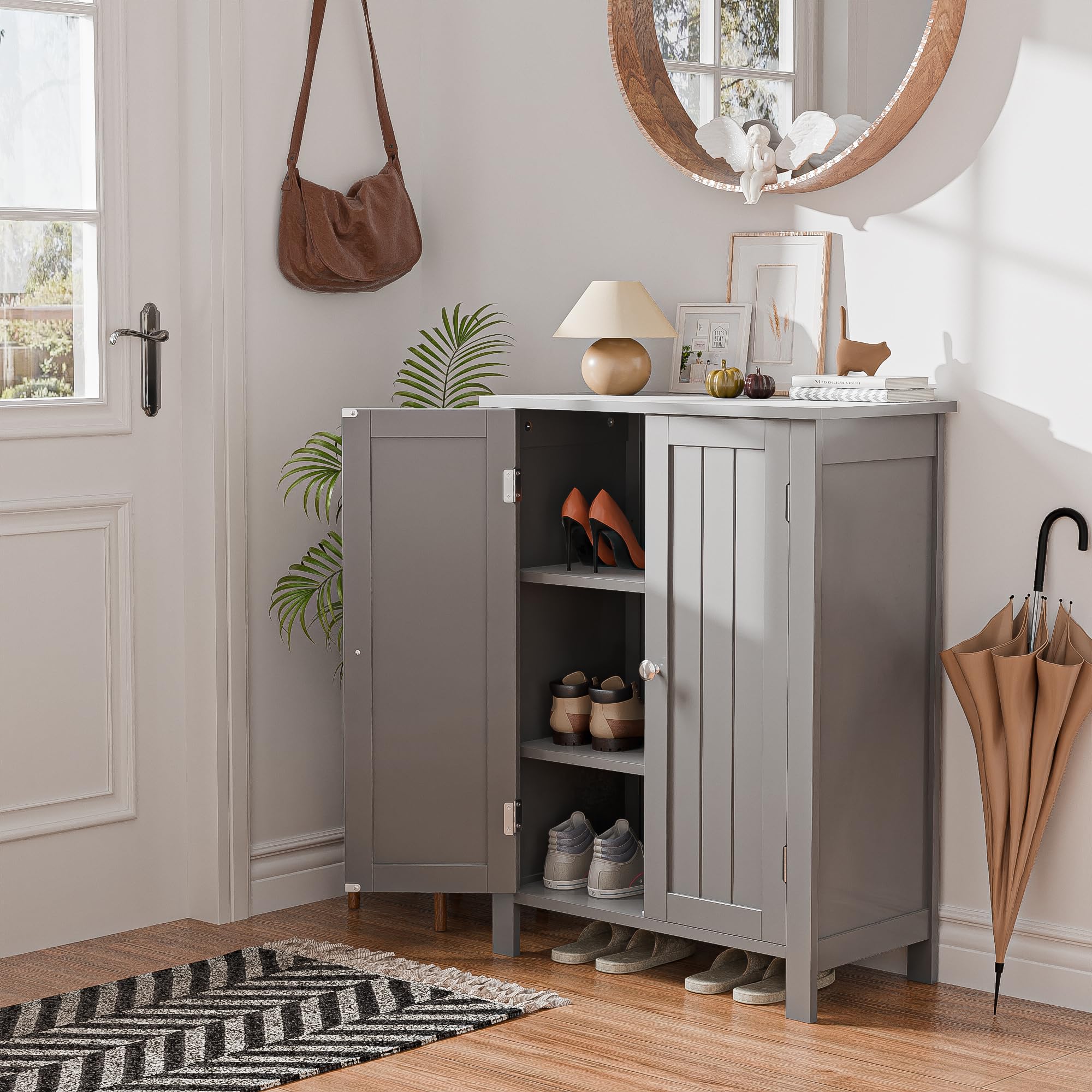 Super Deal Modern Bathroom Floor Storage Cabinet With Adjustable Shelf And Double Door Rust Proof, Living Room Modern Home Furniture Storage Organizer Cabinet, Grey