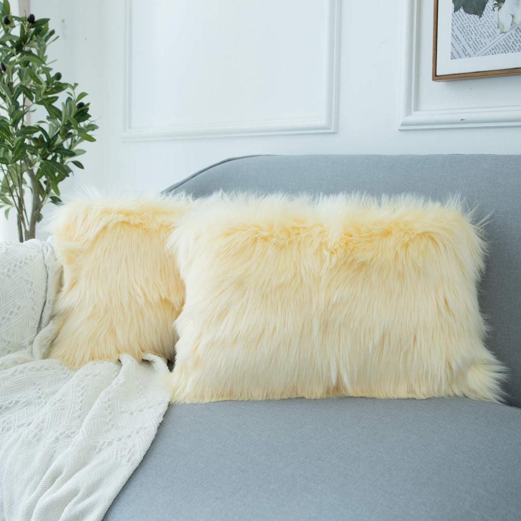 LIGICKY Set of 2 Decorative Lumbar Pillow Covers Soft Light Yellow Fluffy Throw Pillow Cover Luxury Series Rectangle Plush Pillo