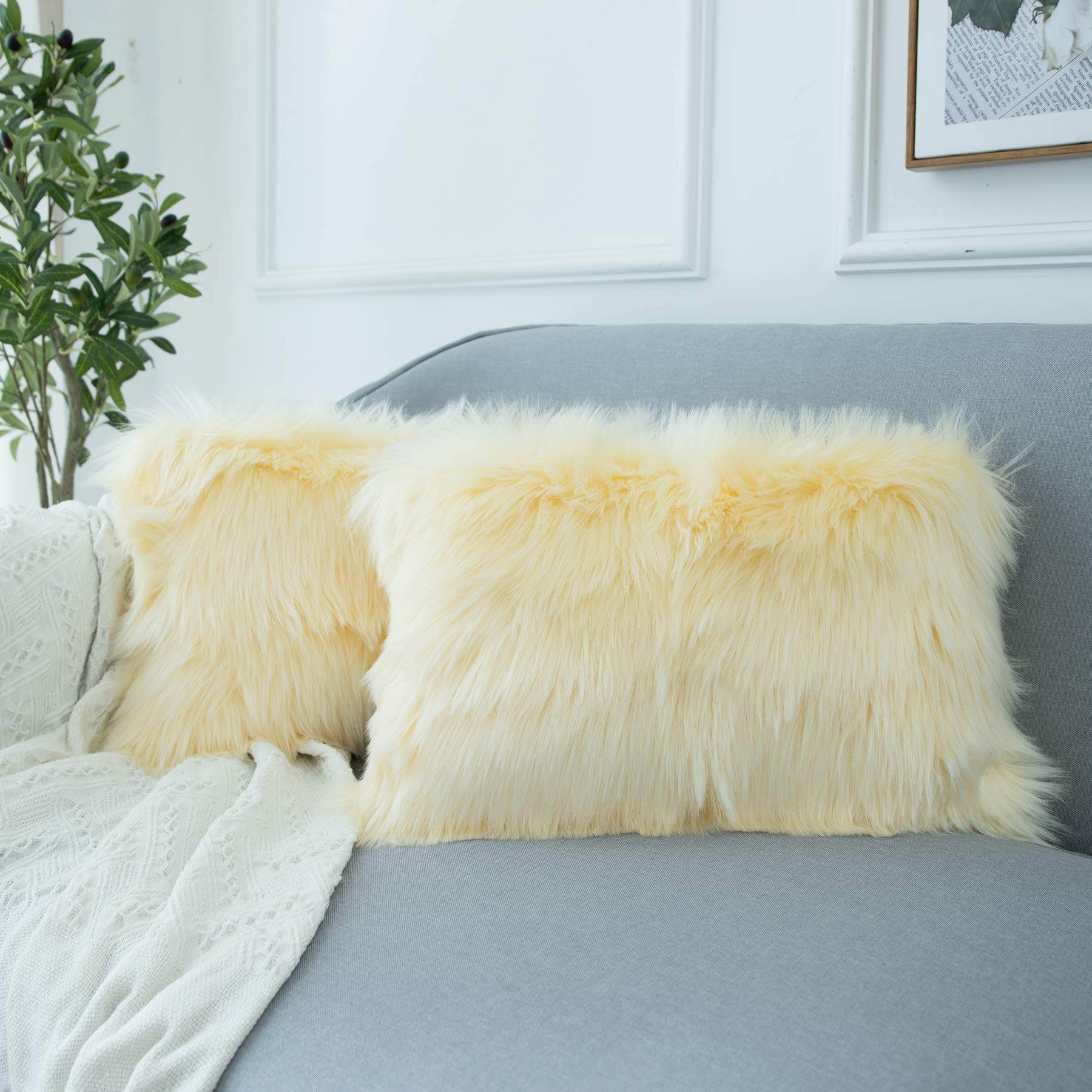 LIGICKY Set of 2 Decorative Lumbar Pillow Covers Soft Light Yellow Fluffy Throw Pillow Cover Luxury Series Rectangle Plush Pillo