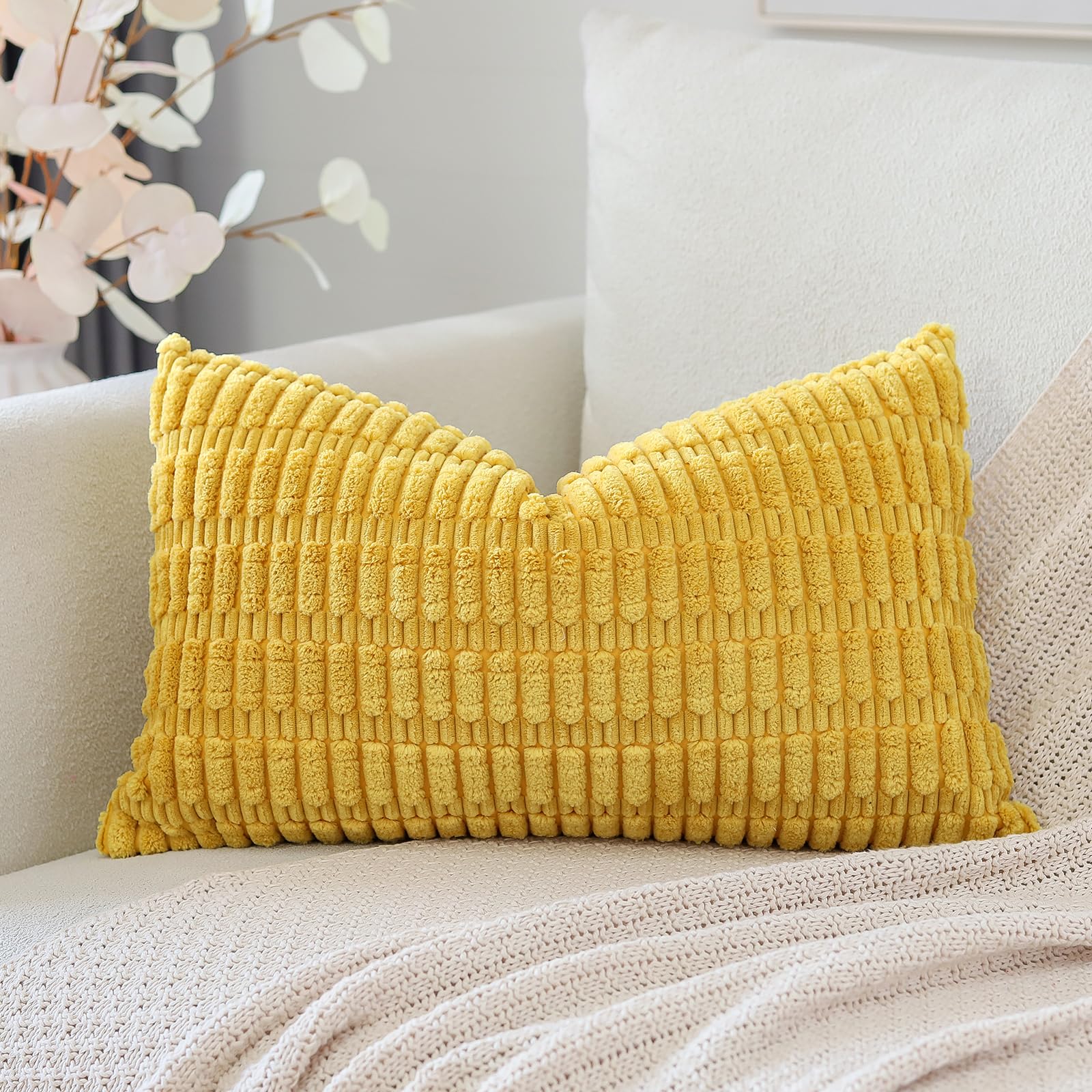 Otostar Corduroy Decorative Throw Pillow Covers 12X20 Inch Super Soft Boho Striped Rectangle Pillow Covers Case Modern Cushion Covers For Sofa Couch Bedroom Car Decor Gold Yellow