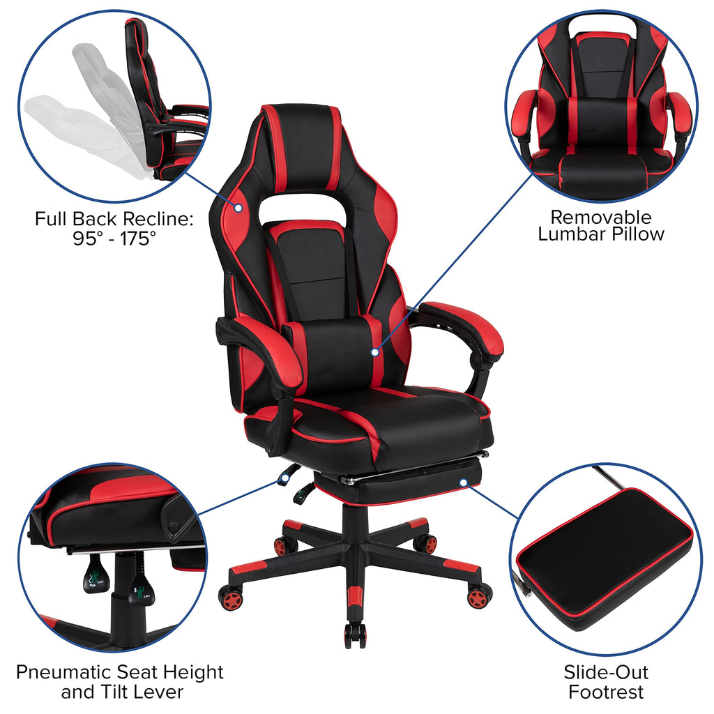 Flash Furniture Optis Gaming Desk With Cup Holder/Headphone Hook/Removable Mousepad Top & Red Reclining Back/Arms Gaming Chair With Footrest