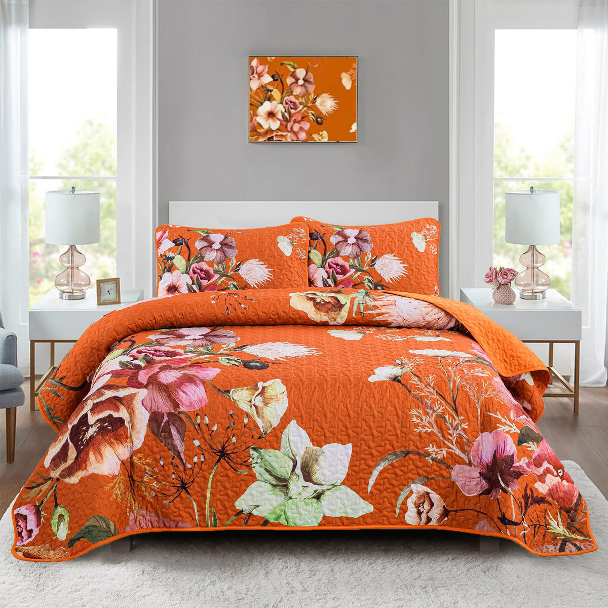 Drucon Floral Quilt Set Queen Size 3 Pieces Terracotta Fall Quilt Coverlet Set Soft Microfiber Lightweight Quilted Bedspread for