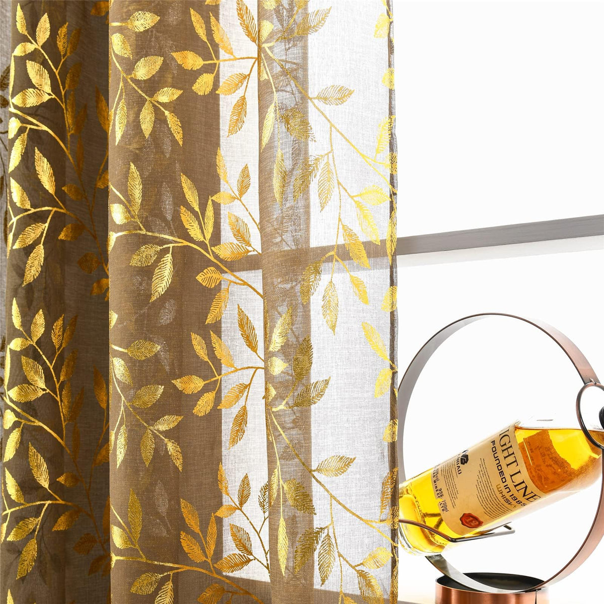 Deeprove Taupe Sheer Curtains 90 Inches Long For Bedroom Living Room Dining Room Nursery, Abstract Metallic Gold Foil Vine Leave