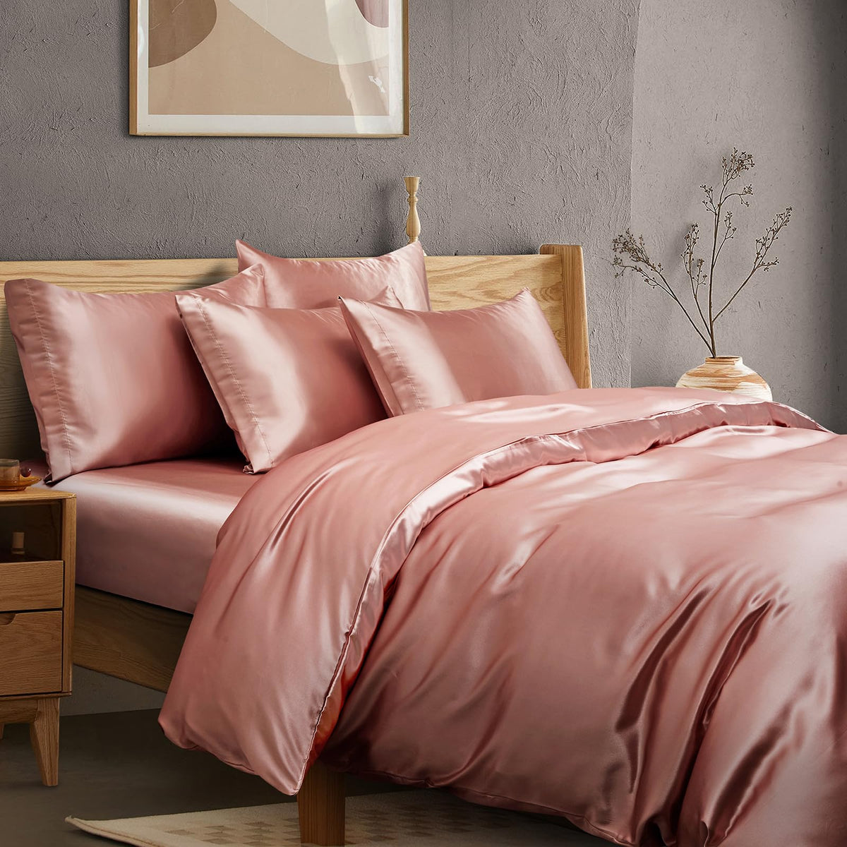 Manyshofu 6Pcs Rose Gold Duvet King Size Cover Set With Satin Fitted Sheet - Not Comforter, Cooling & Silky Duvet Cover Sheet Se
