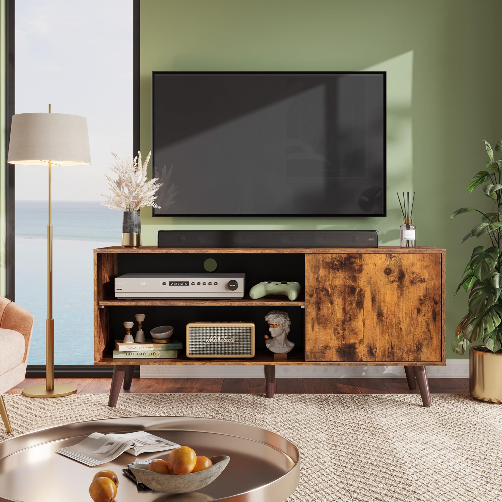 Wlive Tv Stand For 55 Inch Tvs, Entertainment Center With Storage Cabinet, Mid-Century Tv Stands For Living Room And Bedroom, 50' Tv Console, Brown
