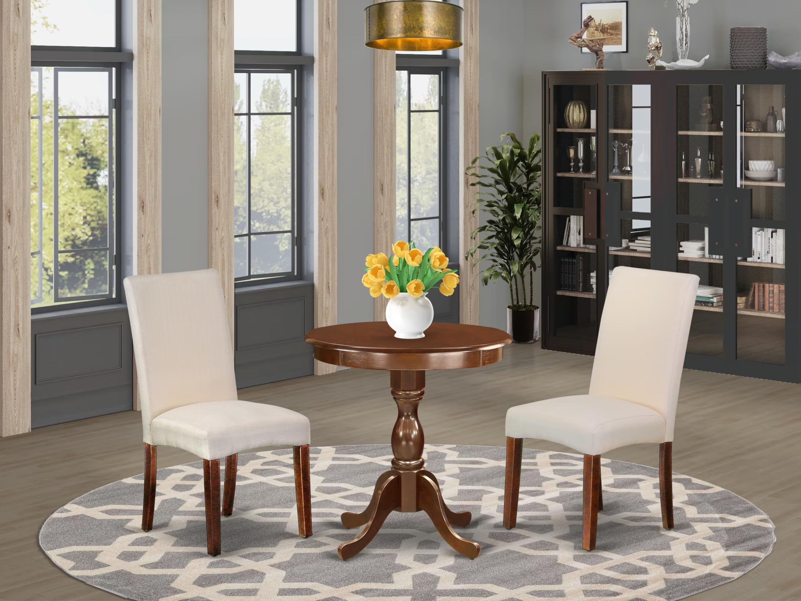 East West Furniture Esdr3-Mah-01 3 Piece Dining Room Table Set Contains A Round Dining Table With Pedestal And 2 Cream Linen Fabric Upholstered Parson Chairs, 30X30 Inch, Mahogany