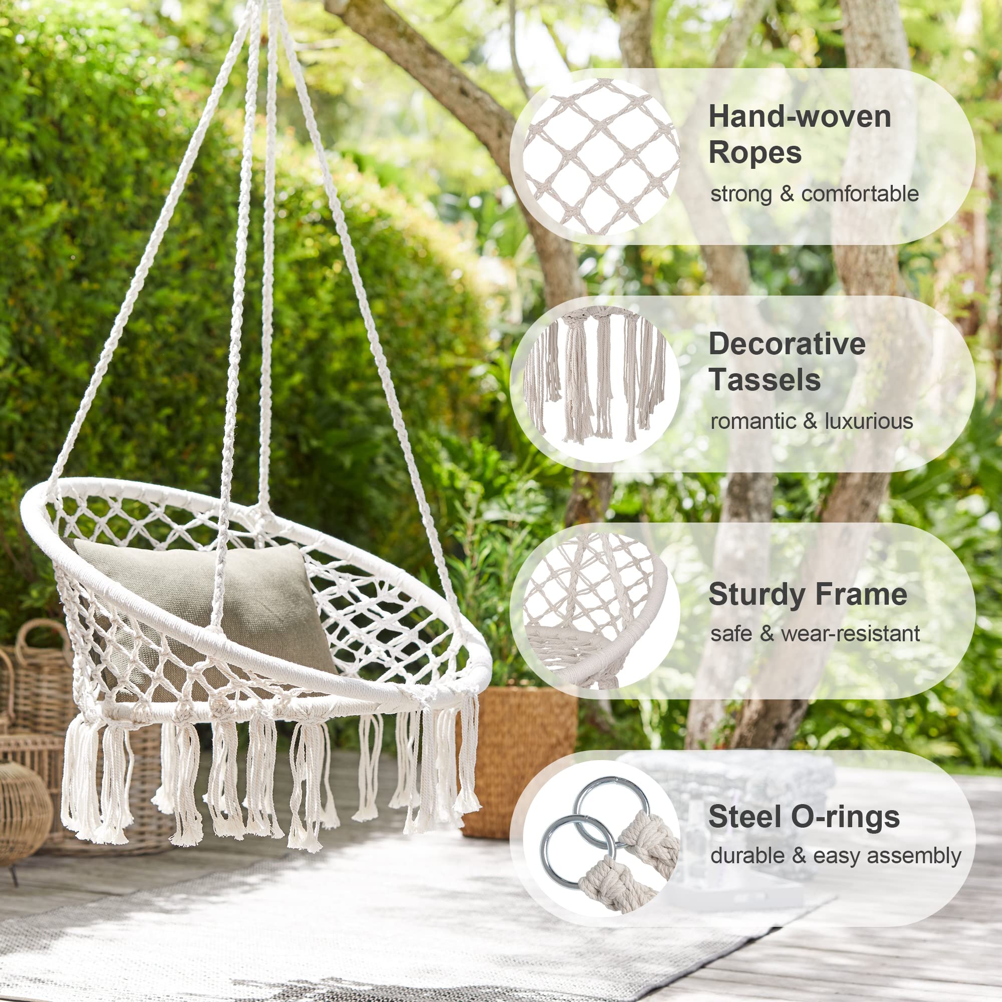 Suncreat Hanging Macrame Swing With Cushion And Hardware Kits, Max 330 Lbs, Handmade Knitted Mesh Rope Swing Chair For Indoor, Outdoor, Bedroom, Patio, Yard, Deck, Garden, Pack Of 2, Grey