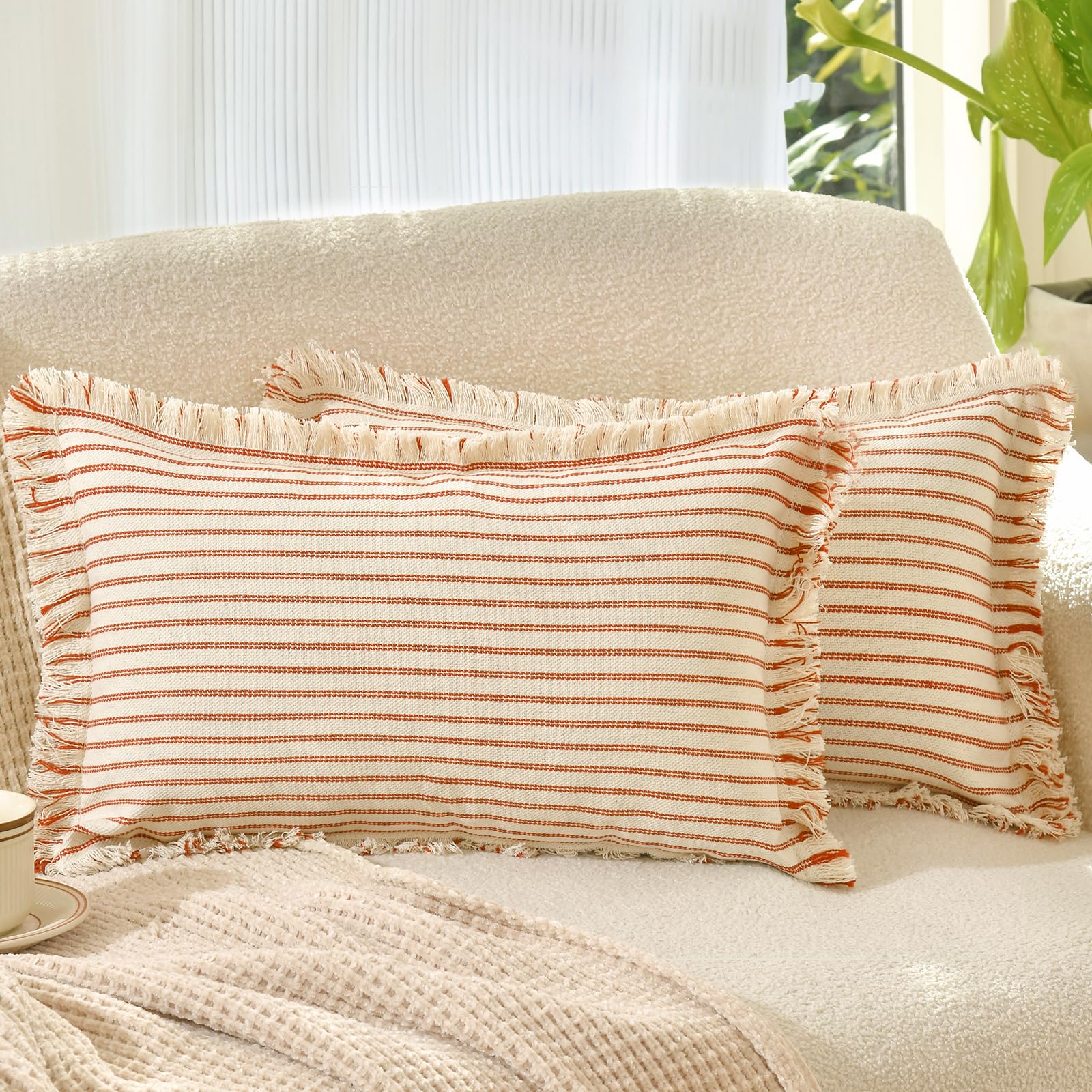 Zwjd Throw Pillow Covers 12X20 Set Of 2 Striped Pillow Covers With Fringe Chic Cotton Decorative Pillows Square Cushion Covers F
