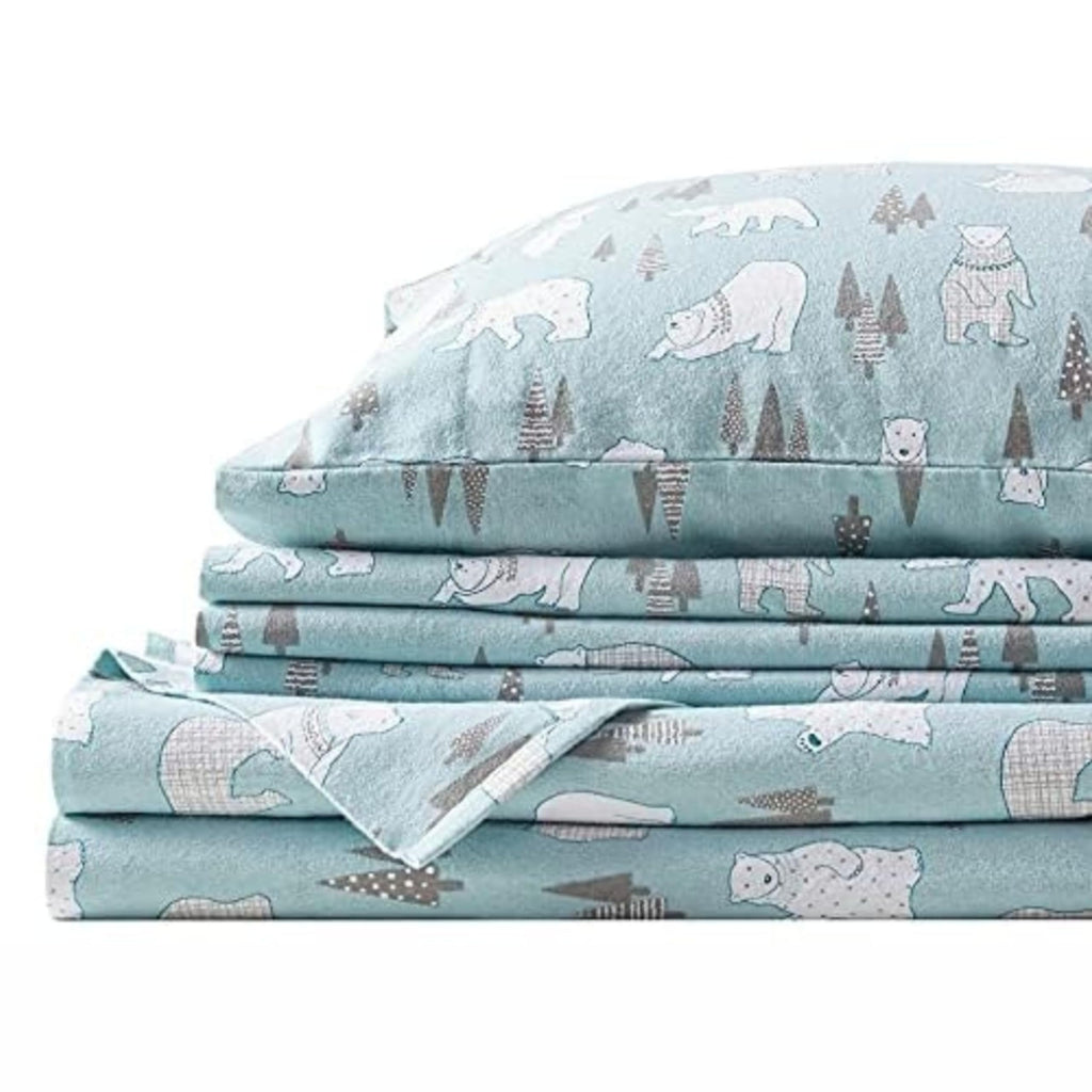Comfort Spaces Cotton Flannel Breathable Warm Deep Pocket Sheets With Pillow Case Bedding, Twin, Blue Polar Bears 3 Piece